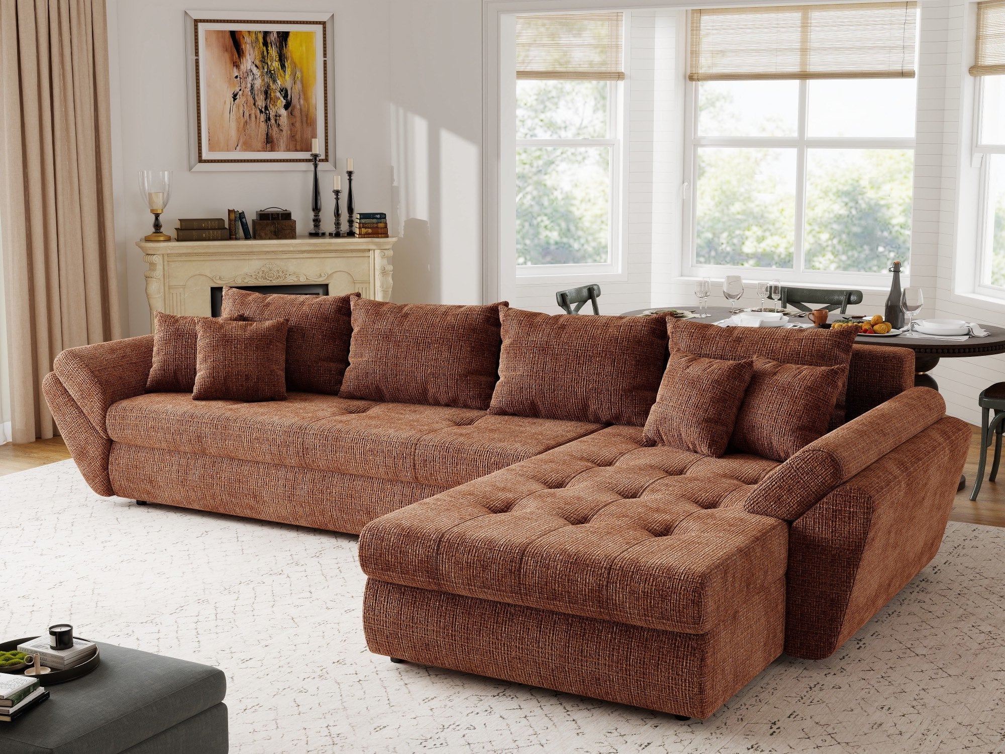 Colțar extensibil dumonde cu ladă de depozitare si sezut confortabil din spuma high-density, Loana XL Cremona Teracota II 335x185 cm