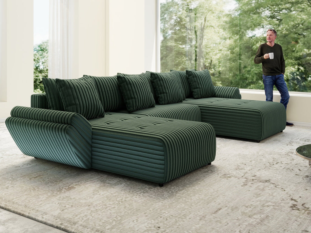 Colțar extensibil dumonde cu ladă de depozitare si sezut confortabil din spuma high-density, Berlin U Ambience Green 380x180 cm