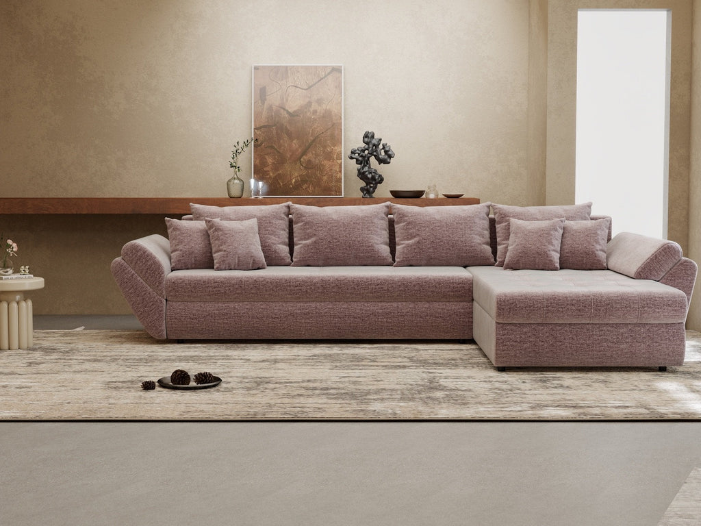 Colțar extensibil dumonde cu ladă de depozitare si sezut confortabil din spuma high-density, Loana XL Monolith Roz Pudrat II 335x185 cm