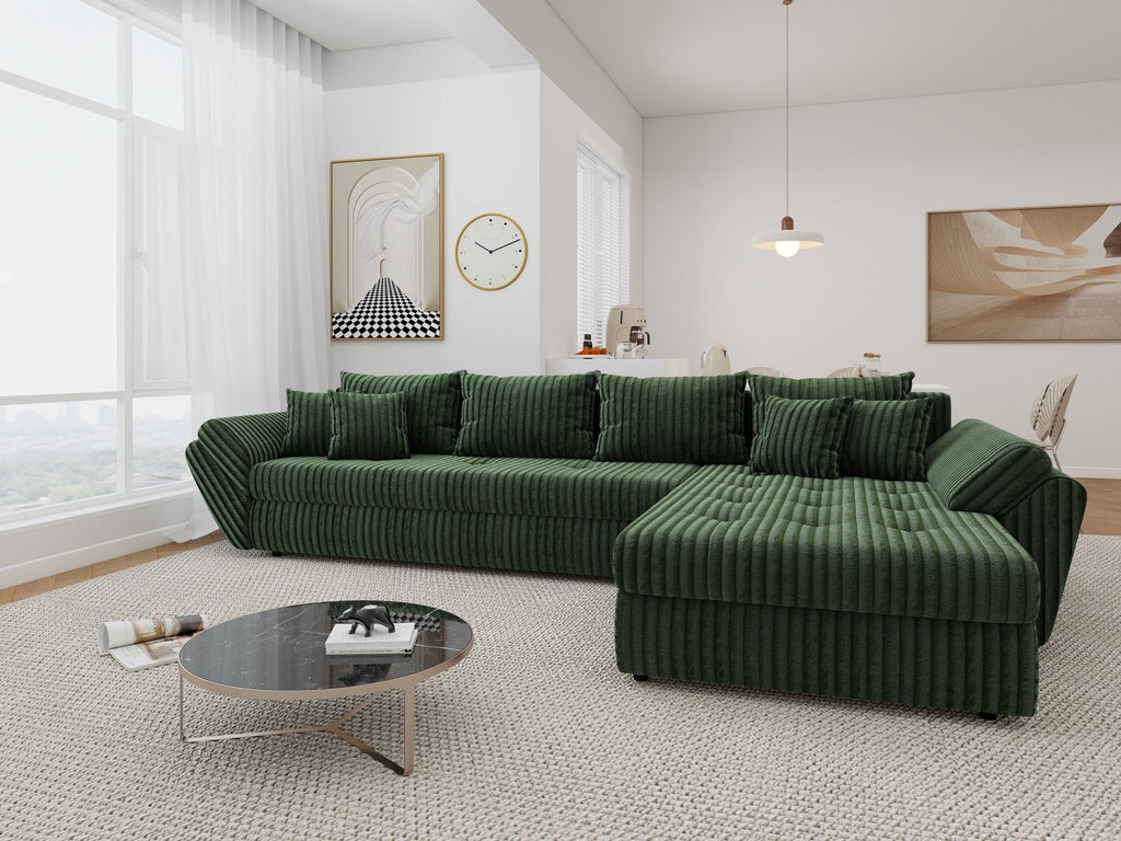 Colțar extensibil dumonde cu ladă de depozitare si sezut confortabil din spuma high-density, Loana XL Tilia Verde II 335x185 cm