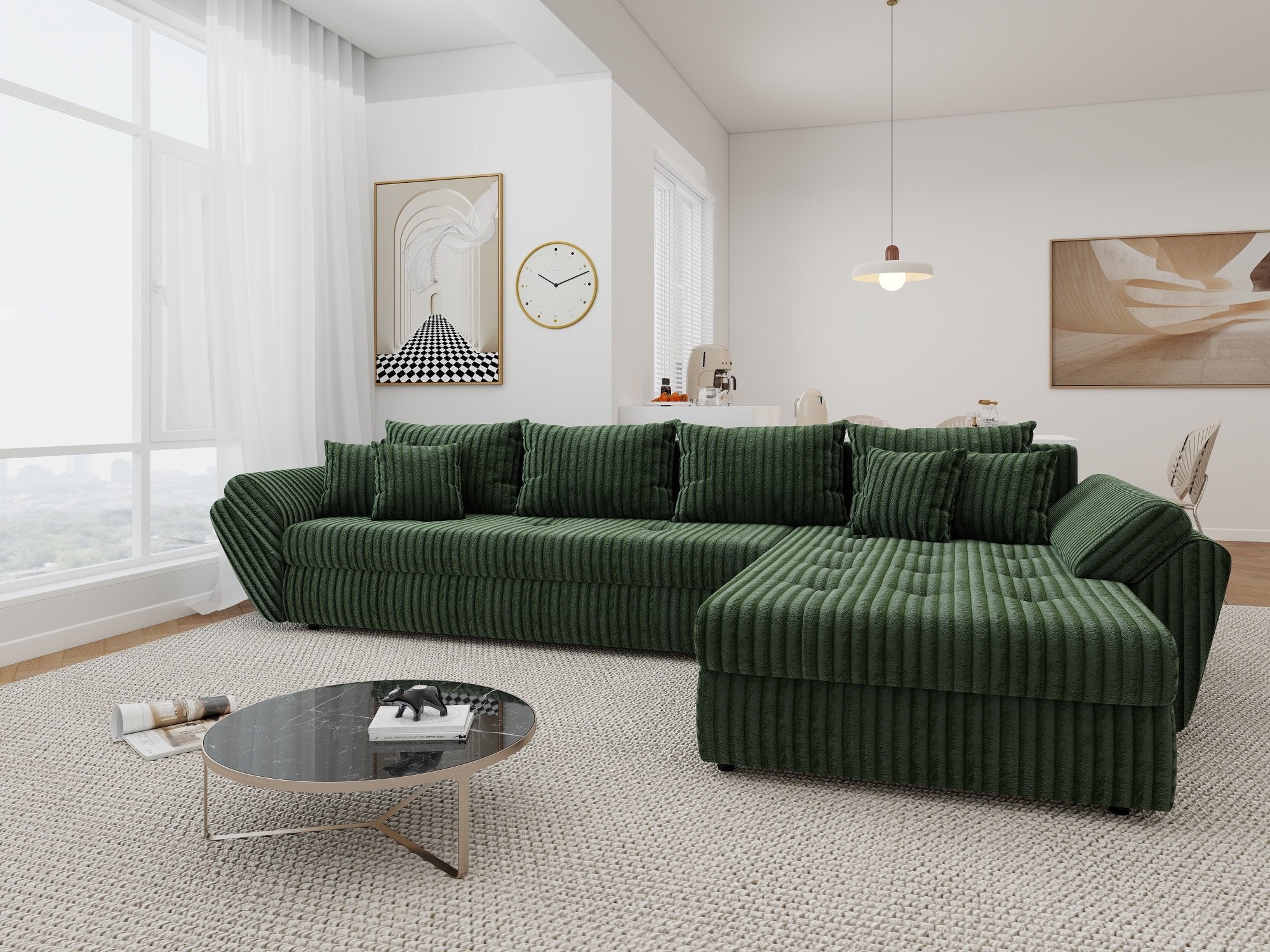 Colțar extensibil dumonde cu ladă de depozitare si sezut confortabil din spuma high-density, Loana XL Tilia Verde II 335x185 cm