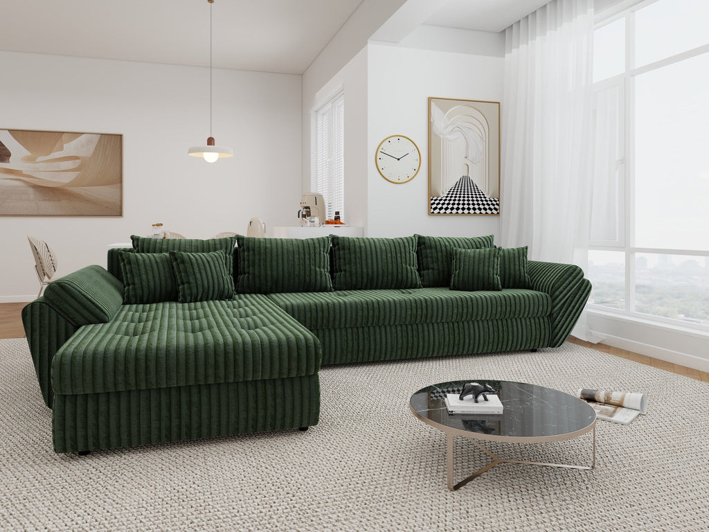 Colțar extensibil dumonde cu ladă de depozitare si sezut confortabil din spuma high-density, Loana XL Tilia Verde 335x185 cm