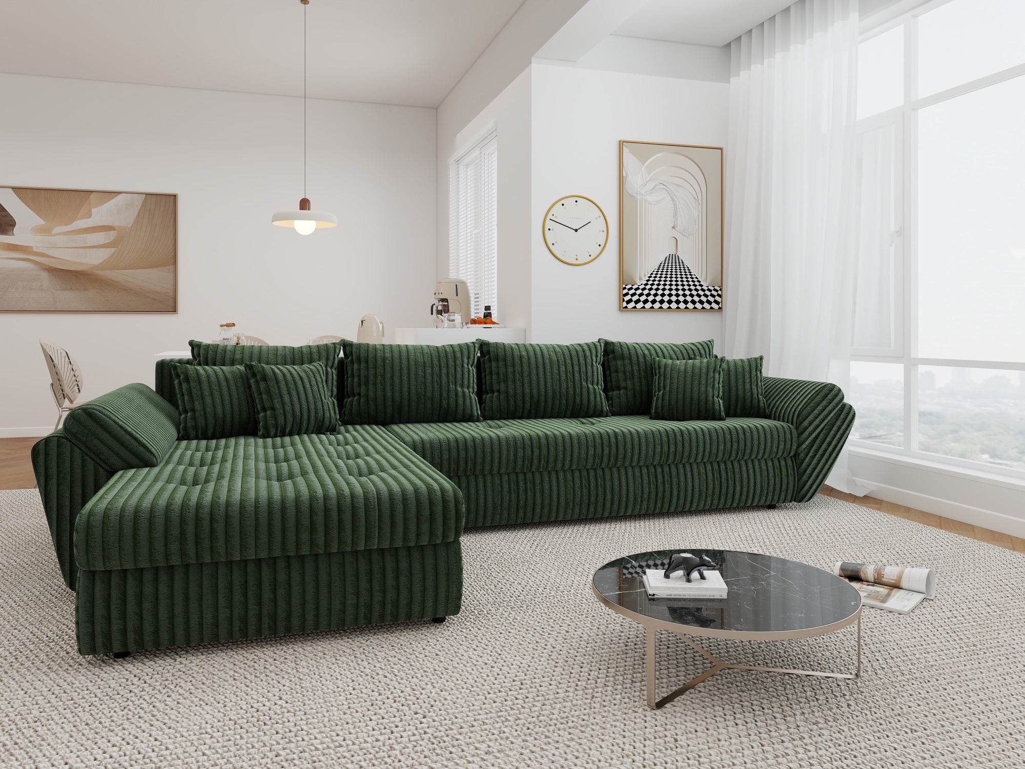 Colțar extensibil dumonde cu ladă de depozitare si sezut confortabil din spuma high-density, Loana XL Tilia Verde 335x185 cm