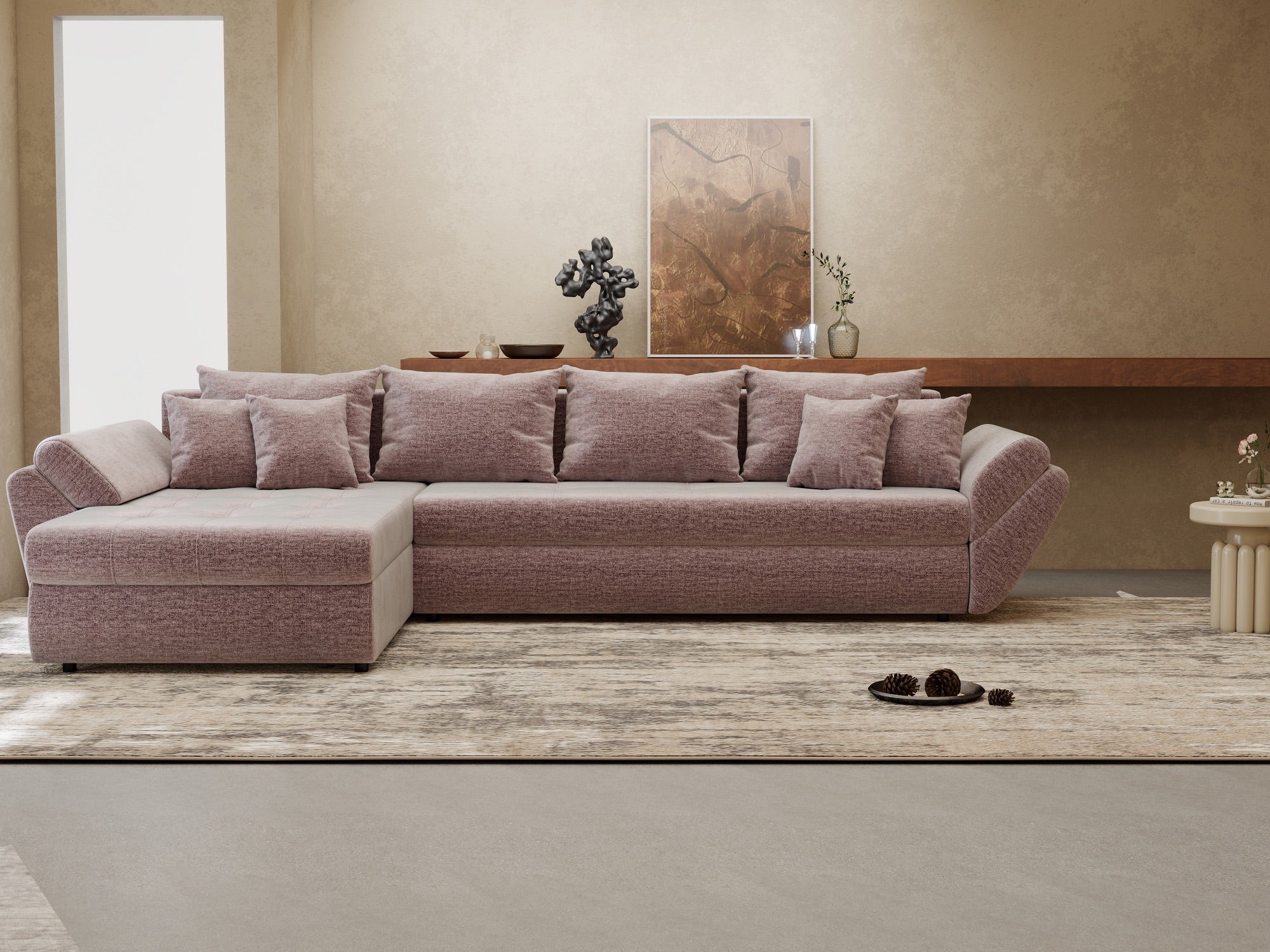 Colțar extensibil dumonde cu ladă de depozitare si sezut confortabil din spuma high-density, Loana XL Monolith Roz Pudrat 335x185 cm