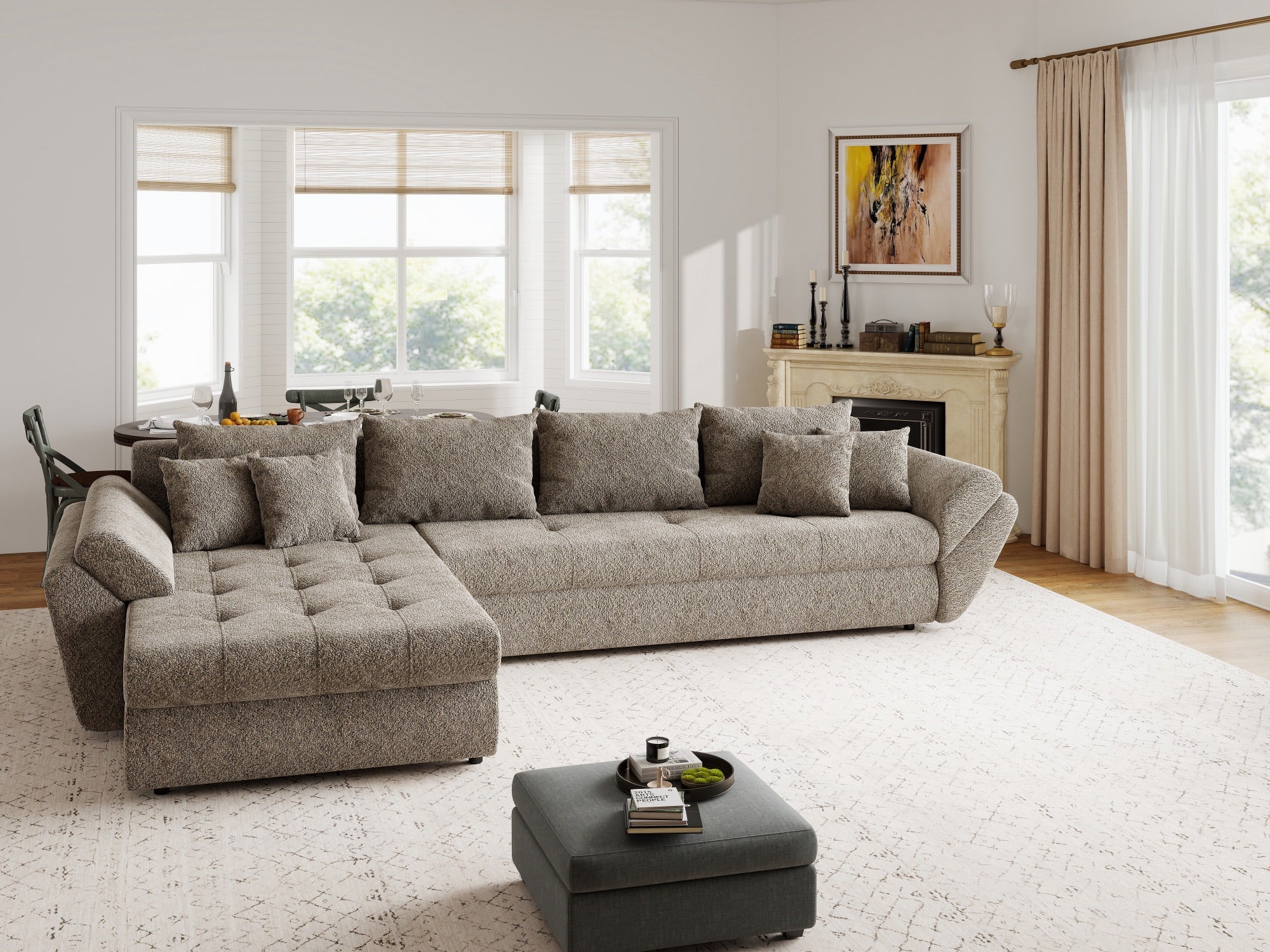 Colțar extensibil dumonde cu ladă de depozitare si sezut confortabil din spuma high-density, Loana XL Arena Maro 335x185 cm