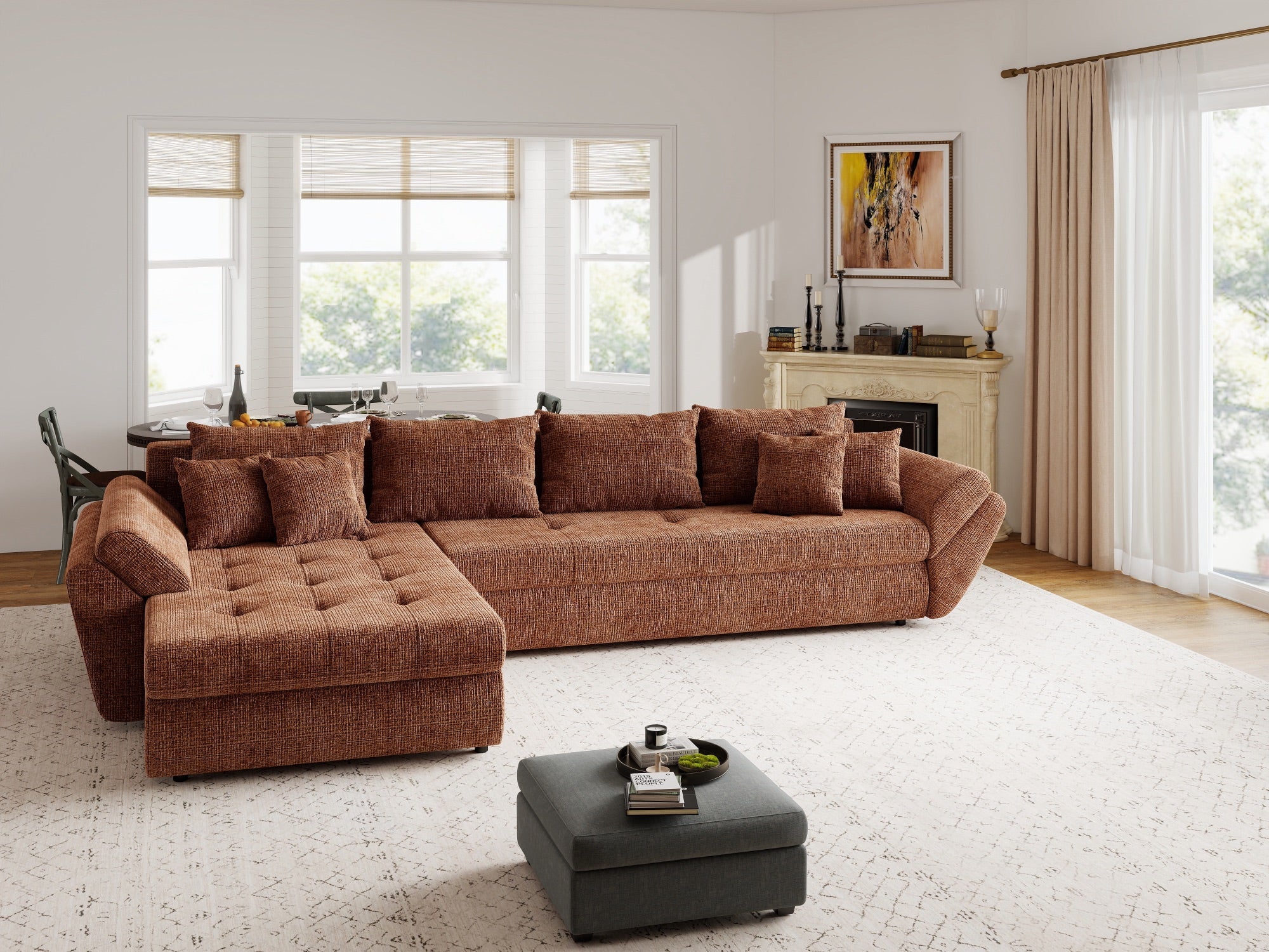 Colțar extensibil dumonde cu ladă de depozitare si sezut confortabil din spuma high-density, Loana XL Cremona Teracota 335x185 cm