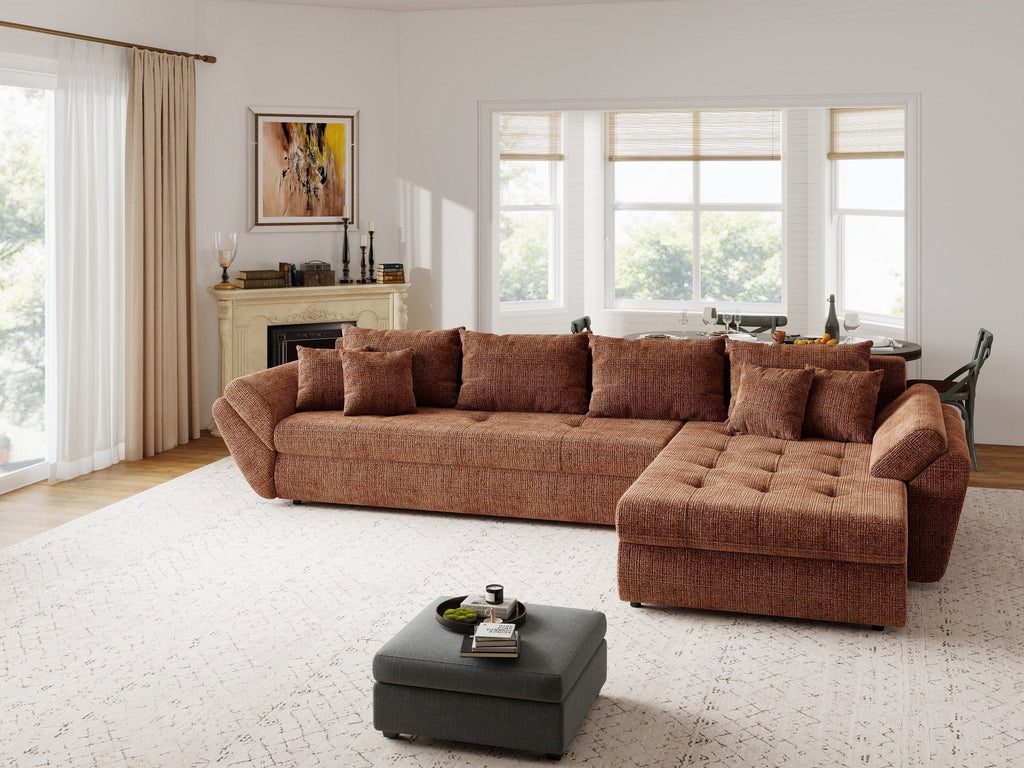 Colțar extensibil dumonde cu ladă de depozitare si sezut confortabil din spuma high-density, Loana XL Cremona Teracota II 335x185 cm