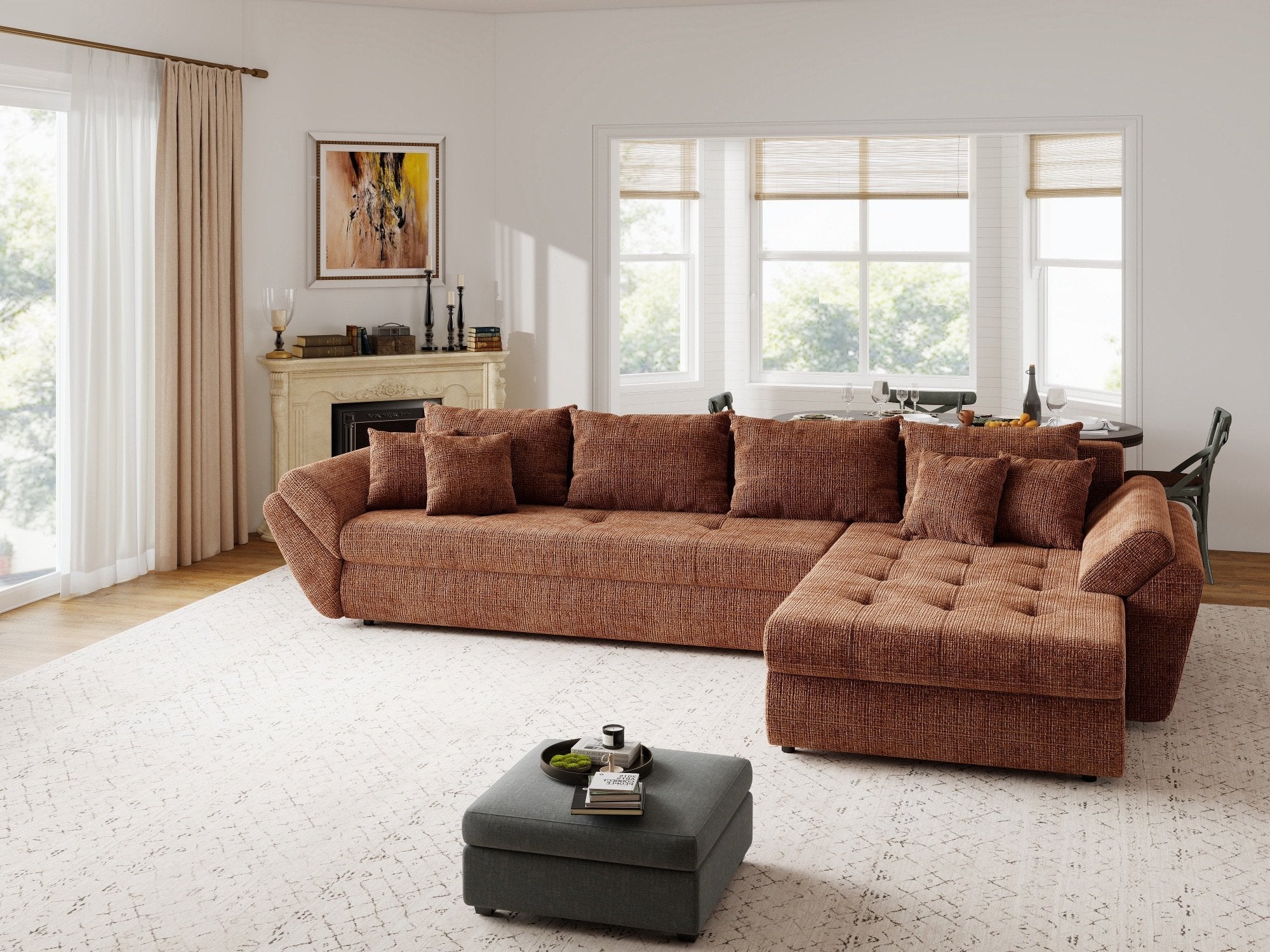 Colțar extensibil dumonde cu ladă de depozitare si sezut confortabil din spuma high-density, Loana XL Cremona Teracota II 335x185 cm