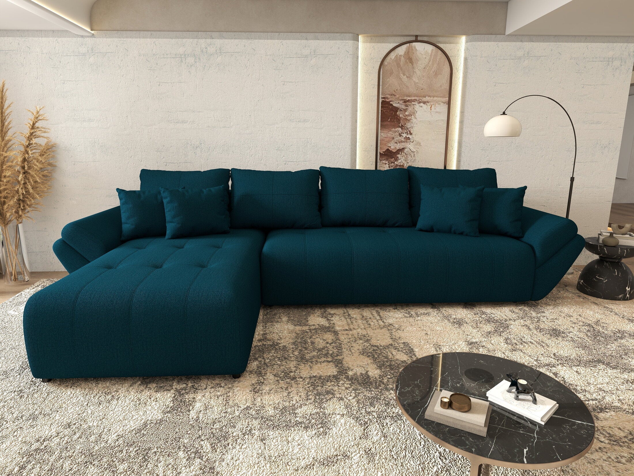 Colțar extensibil dumonde cu ladă de depozitare si sezut confortabil din spuma high-density, Berlin XL Enjoy Petrol 350x185 cm