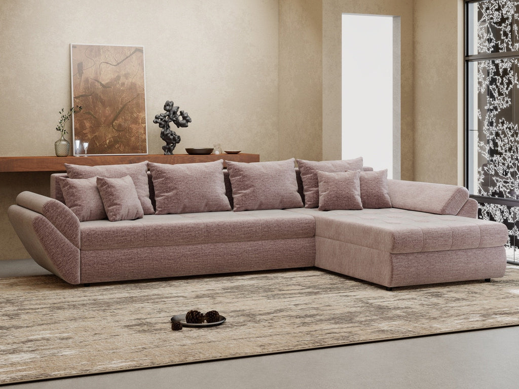 Colțar extensibil dumonde cu ladă de depozitare si sezut confortabil din spuma high-density, Loana XL Monolith Roz Pudrat II 335x185 cm