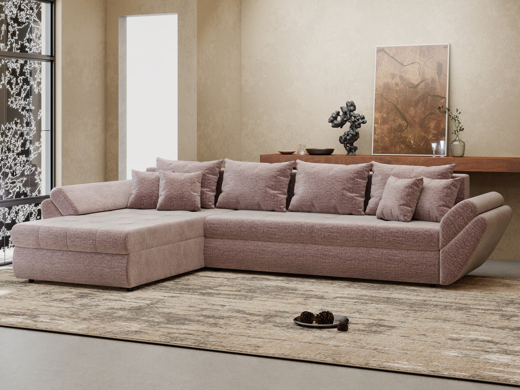 Colțar extensibil dumonde cu ladă de depozitare si sezut confortabil din spuma high-density, Loana XL Monolith Roz Pudrat 335x185 cm