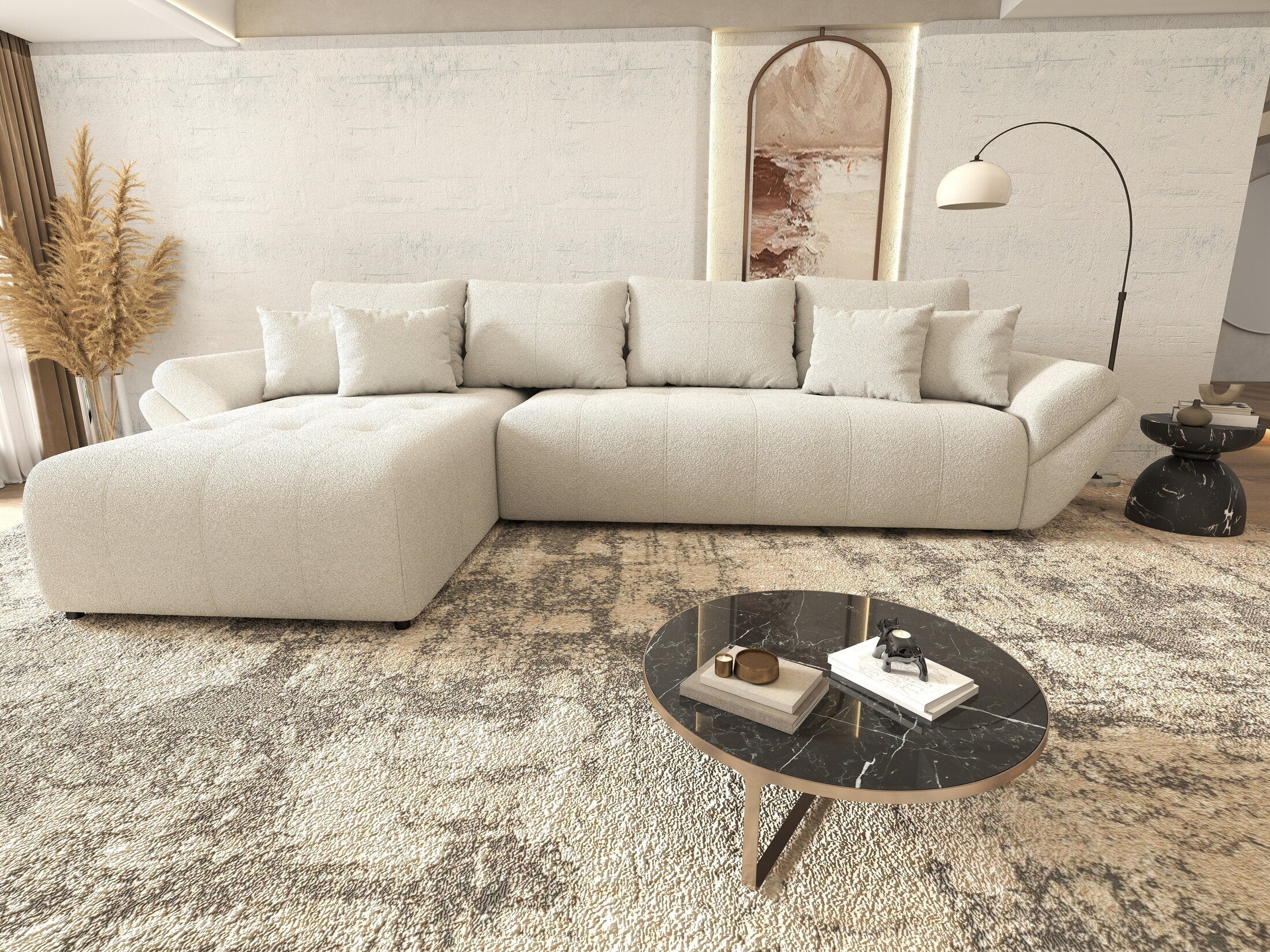 Colțar extensibil dumonde cu ladă de depozitare si sezut confortabil din spuma high-density, Berlin XL Euphoria Ivory 350x185 cm