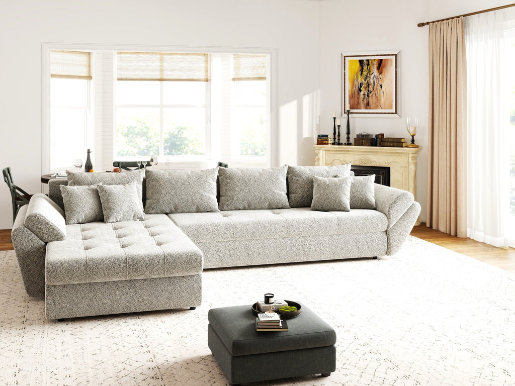 Colțar extensibil dumonde cu ladă de depozitare si sezut confortabil din spuma high-density, Loana XL Arena Bej 02 335x185 cm