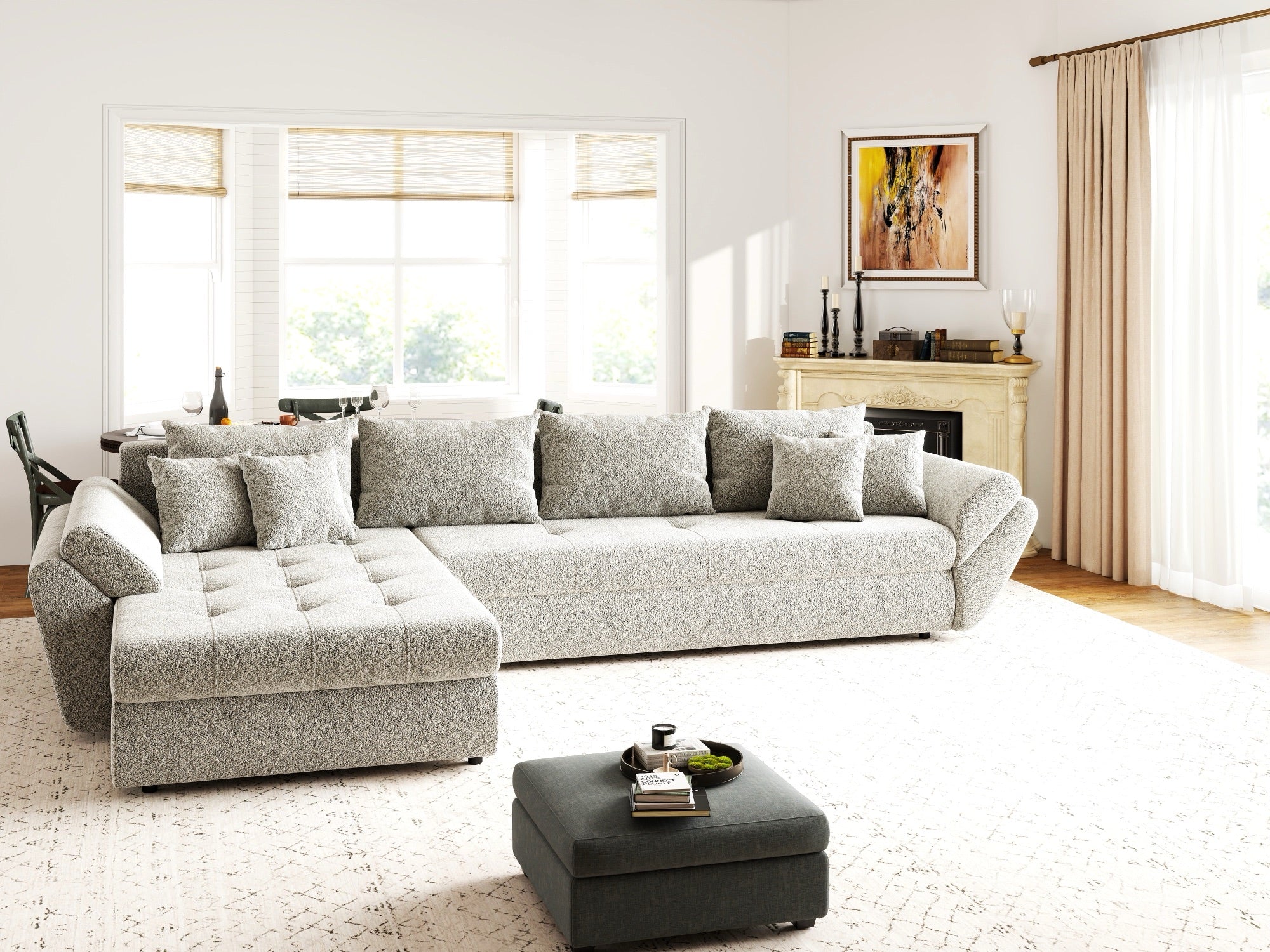 Colțar extensibil dumonde cu ladă de depozitare si sezut confortabil din spuma high-density, Loana XL Arena Bej 02 335x185 cm