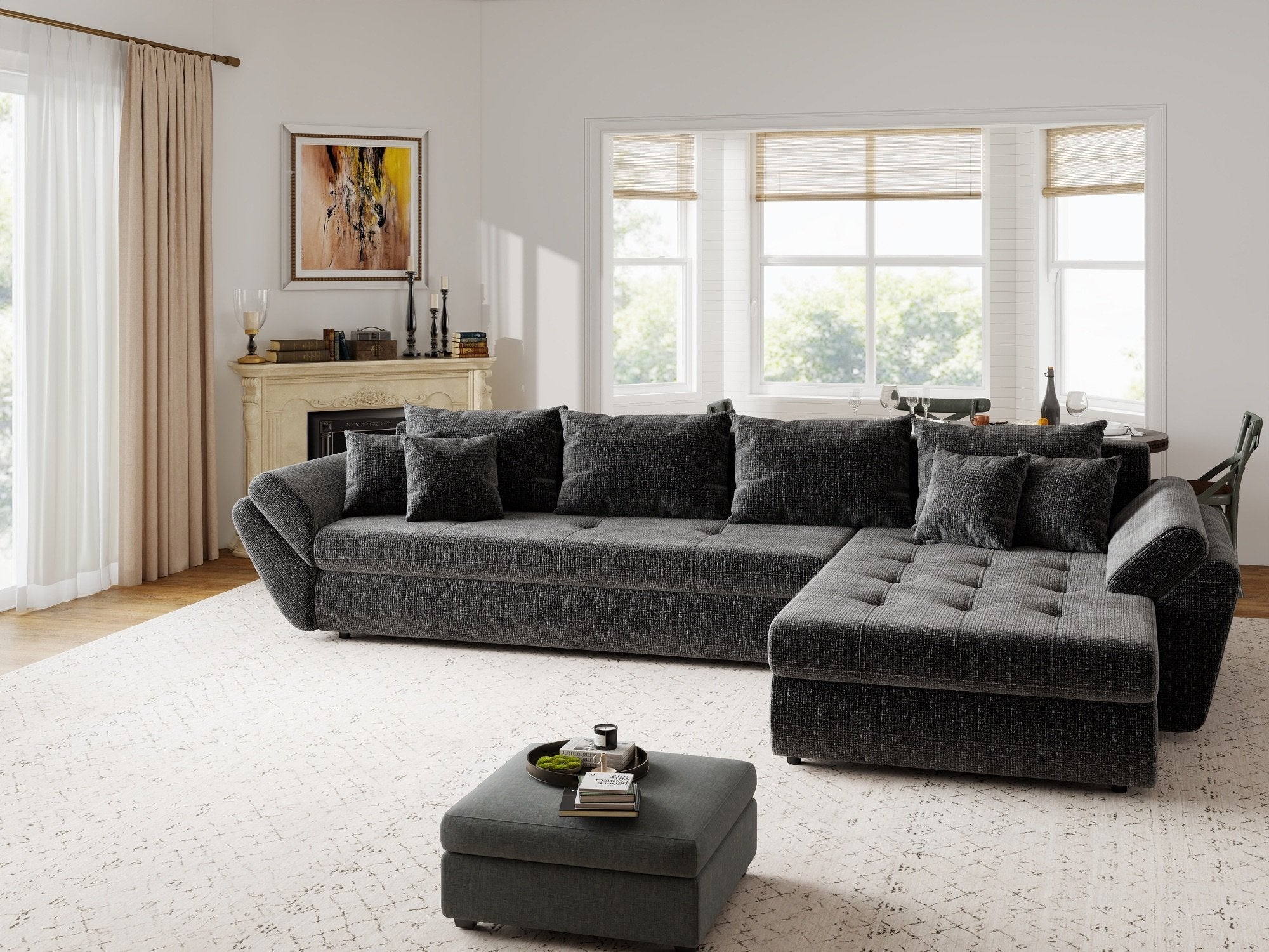 Colțar extensibil dumonde cu ladă de depozitare si sezut confortabil din spuma high-density, Loana XL Cremona Gri Antracit II 335x185 cm
