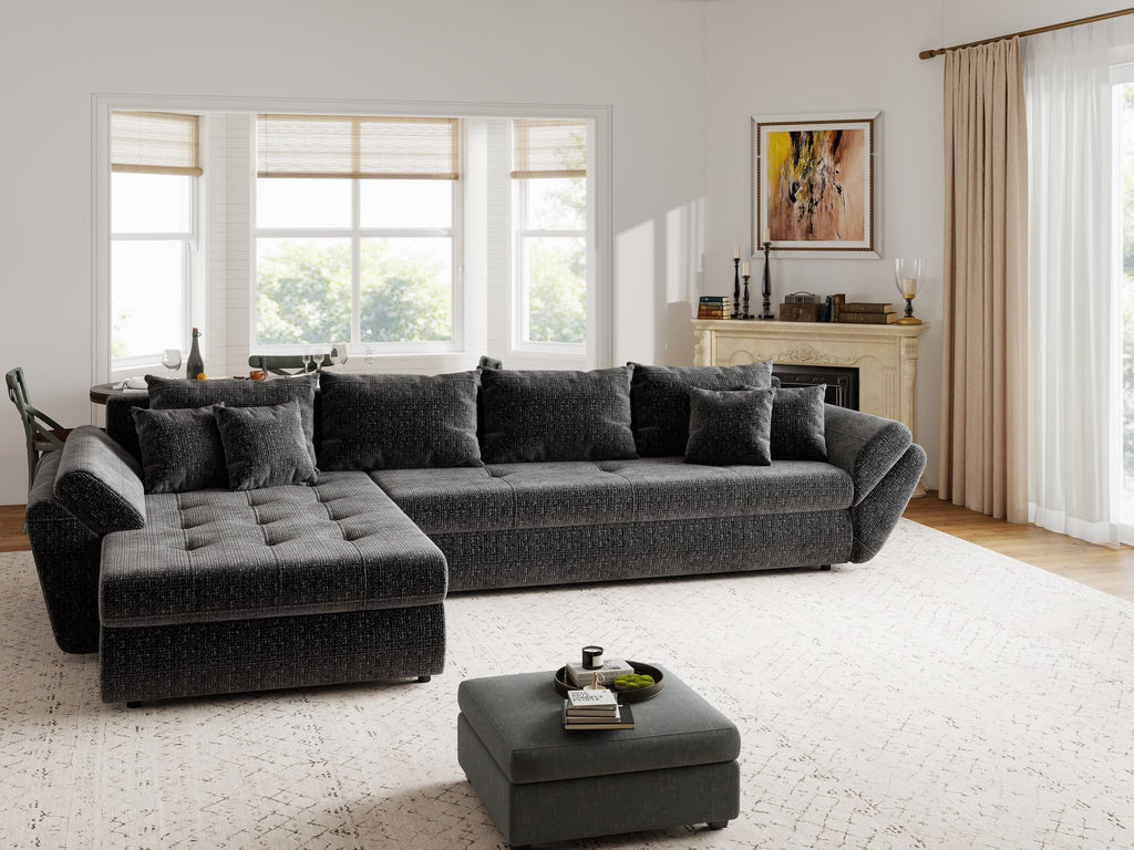 Colțar extensibil dumonde cu ladă de depozitare si sezut confortabil din spuma high-density, Loana XL Cremona Gri Antracit 335x185 cm