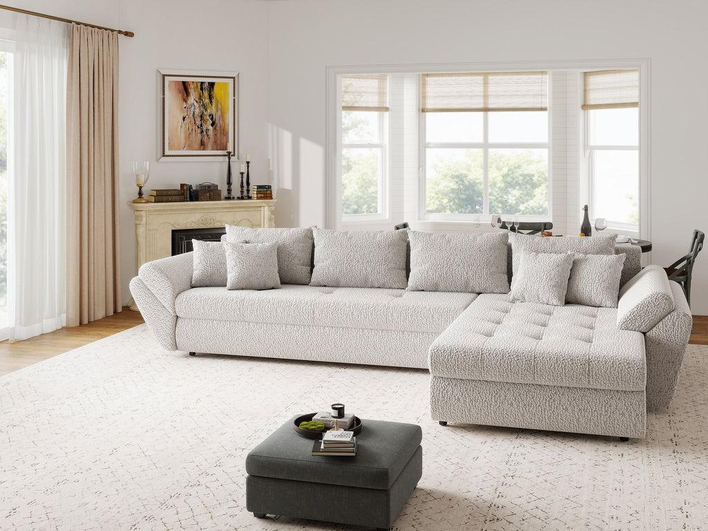 Colțar extensibil dumonde cu ladă de depozitare si sezut confortabil din spuma high-density, Loana XL Jaguar Gri II 335x185 cm