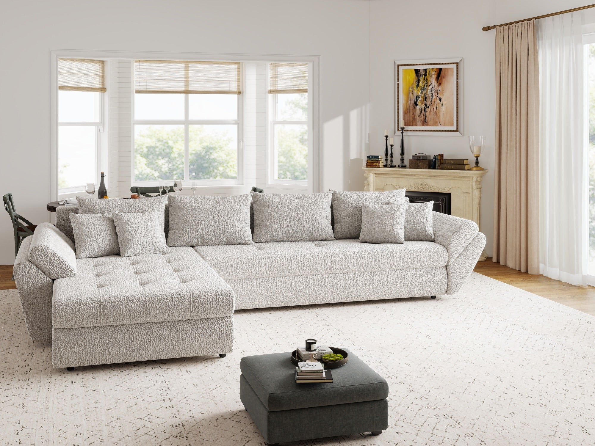 Colțar extensibil dumonde cu ladă de depozitare si sezut confortabil din spuma high-density, Loana XL Jaguar Gri 335x185 cm