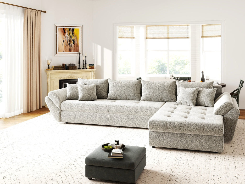 Colțar extensibil dumonde cu ladă de depozitare si sezut confortabil din spuma high-density, Loana XL Arena Bej 02 II 335x185 cm