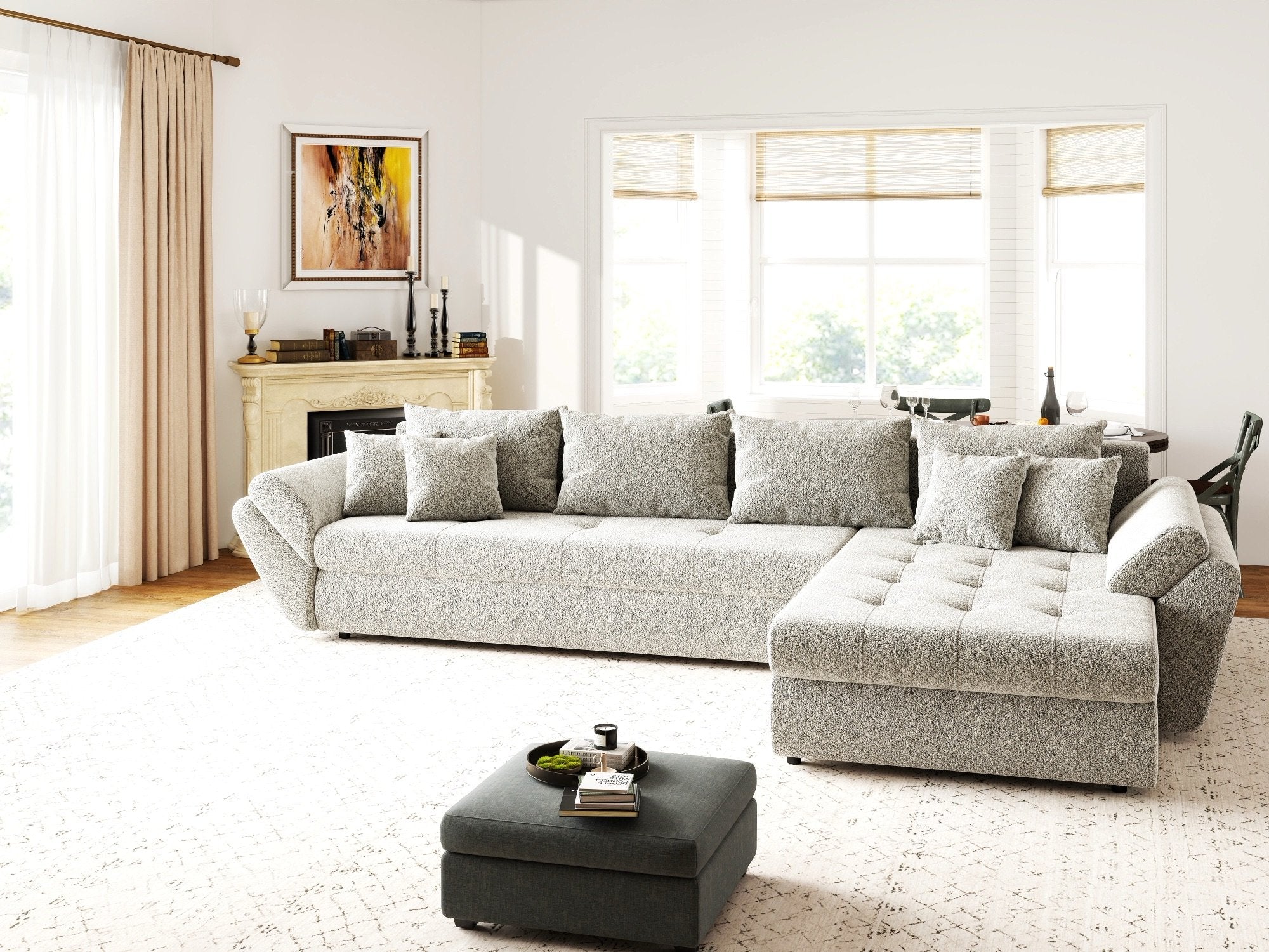 Colțar extensibil dumonde cu ladă de depozitare si sezut confortabil din spuma high-density, Loana XL Arena Bej 02 II 335x185 cm