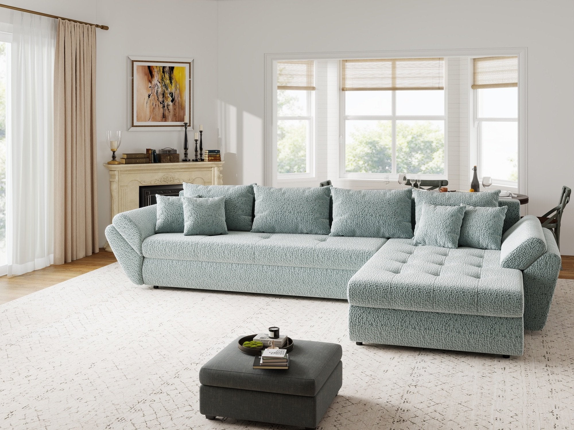 Colțar extensibil dumonde cu ladă de depozitare si sezut confortabil din spuma high-density, Loana XL Jaguar Verde Mint II 335x185 cm