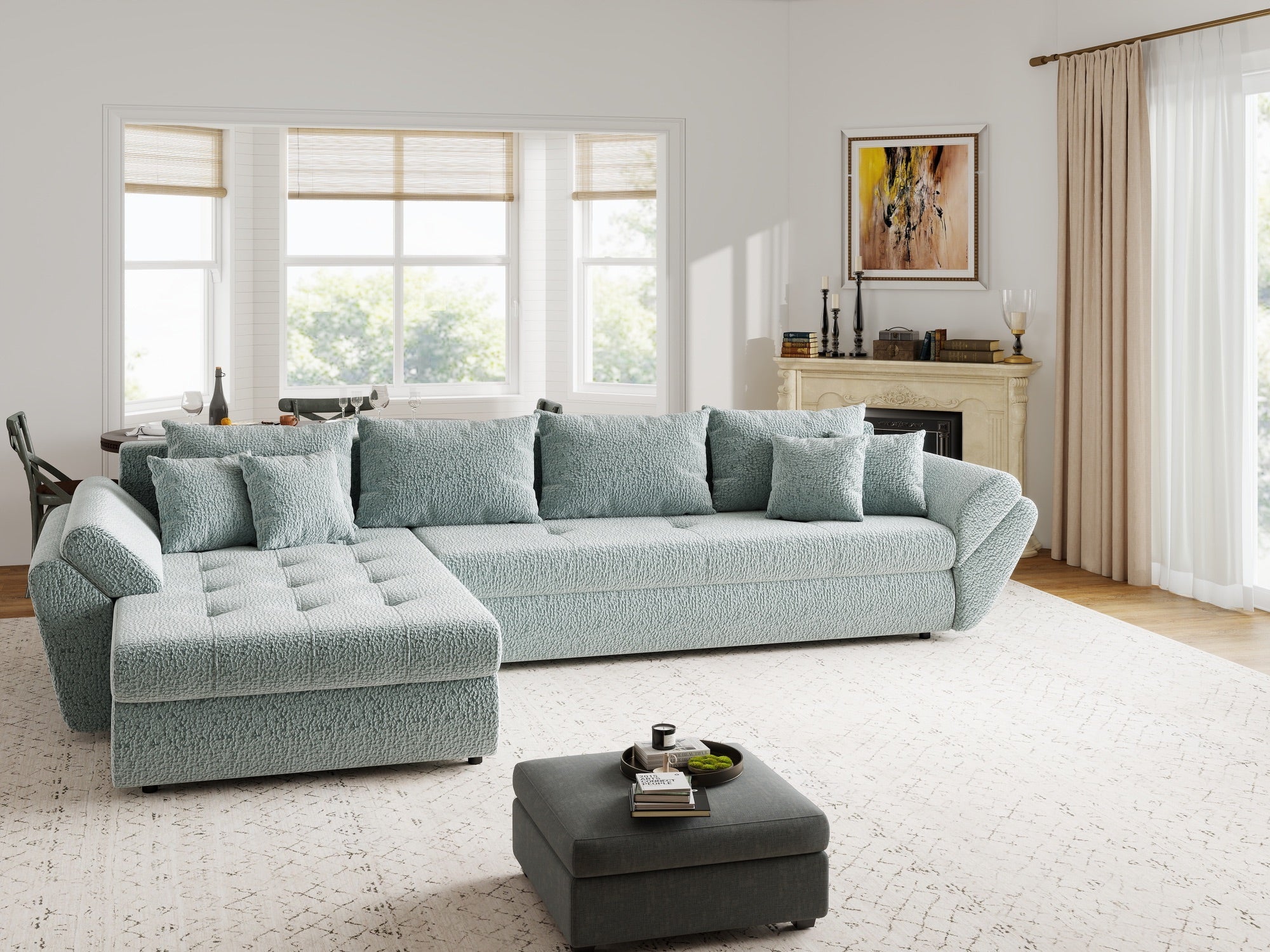 Colțar extensibil dumonde cu ladă de depozitare si sezut confortabil din spuma high-density, Loana XL Jaguar Verde Mint 335x185 cm