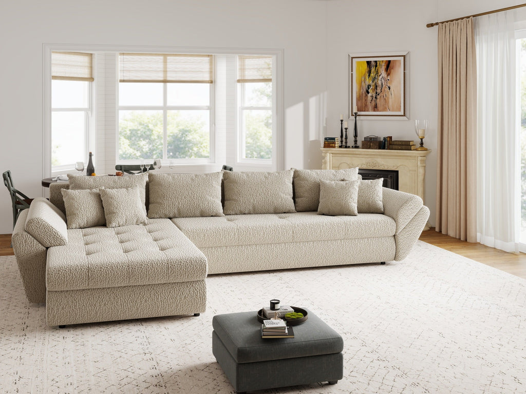 Colțar extensibil dumonde cu ladă de depozitare si sezut confortabil din spuma high-density, Loana XL Jaguar Bej 335x185 cm