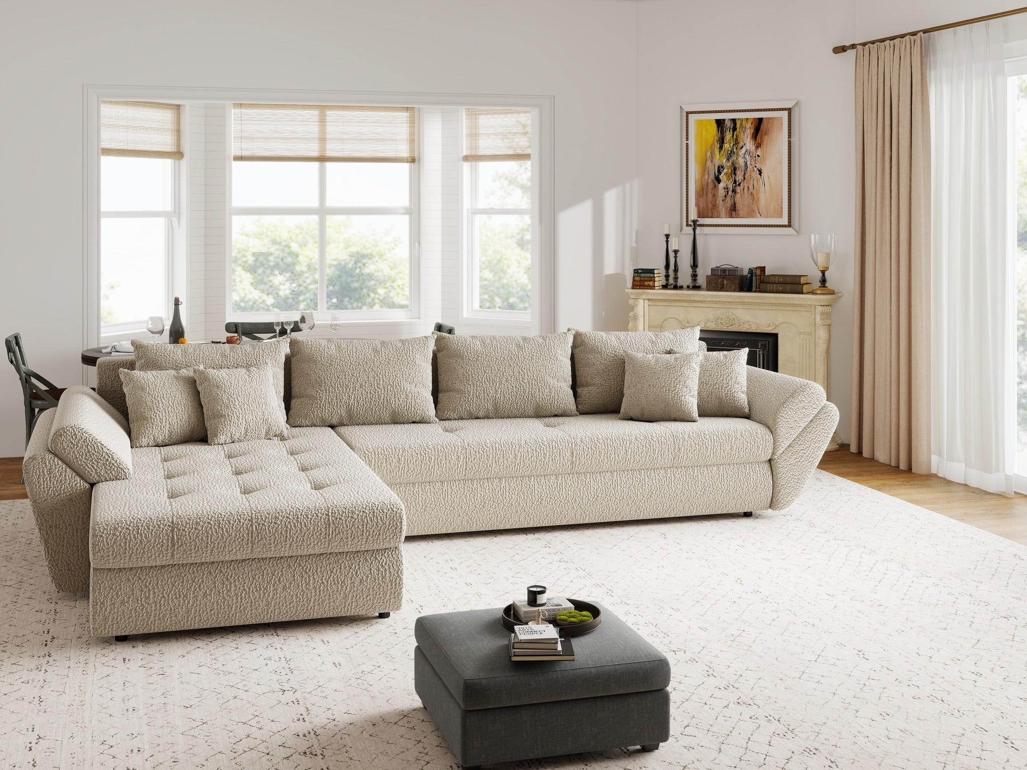 Colțar extensibil dumonde cu ladă de depozitare si sezut confortabil din spuma high-density, Loana XL Jaguar Bej 335x185 cm