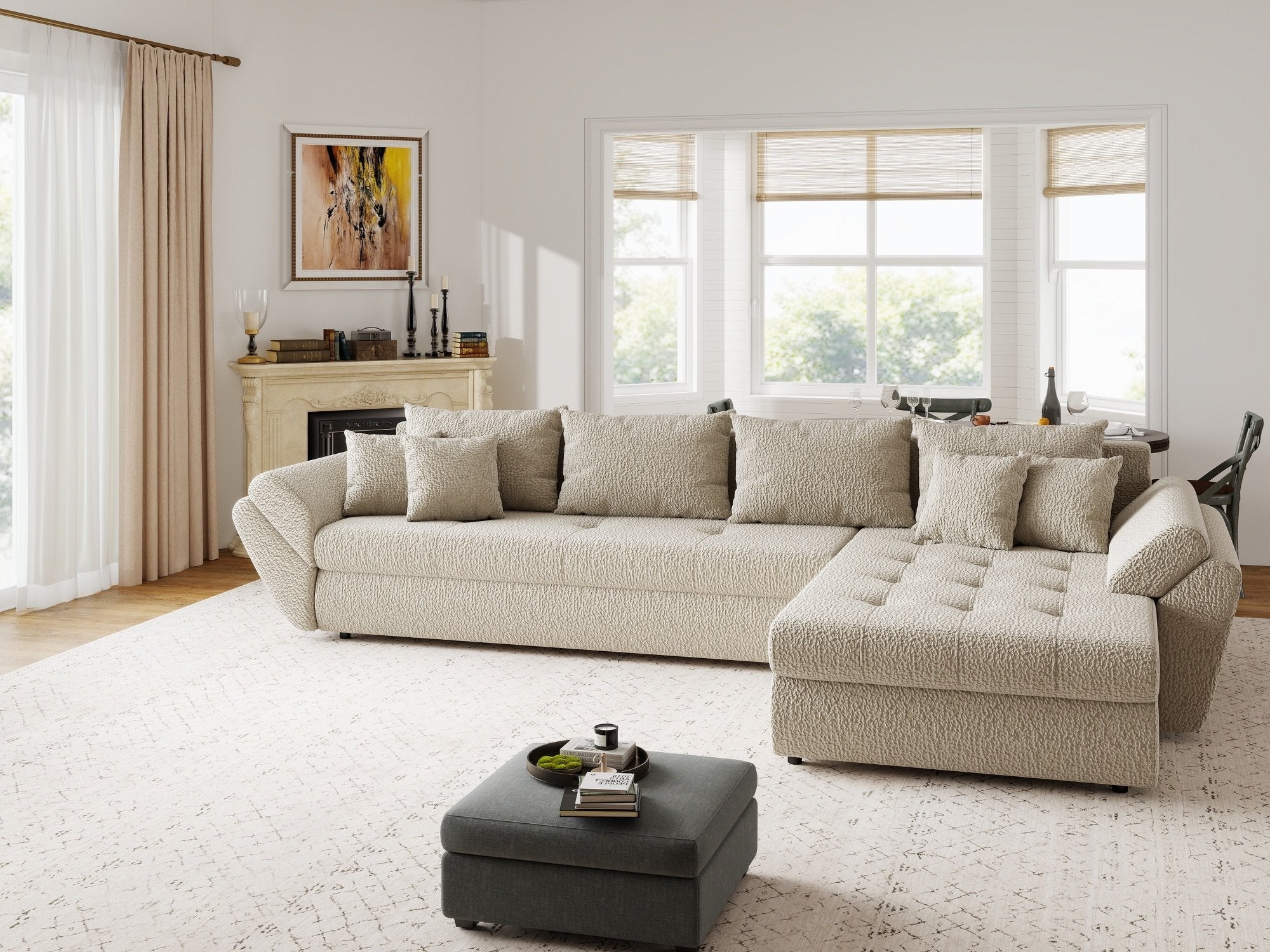 Colțar extensibil dumonde cu ladă de depozitare si sezut confortabil din spuma high-density, Loana XL Jaguar Bej II 335x185 cm