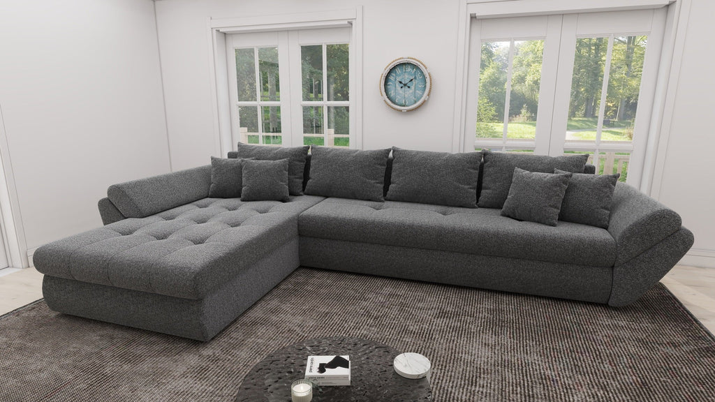 Colțar extensibil dumonde cu ladă de depozitare si sezut confortabil din spuma high-density, Loana XL Monte Gri 90 335x185 cm