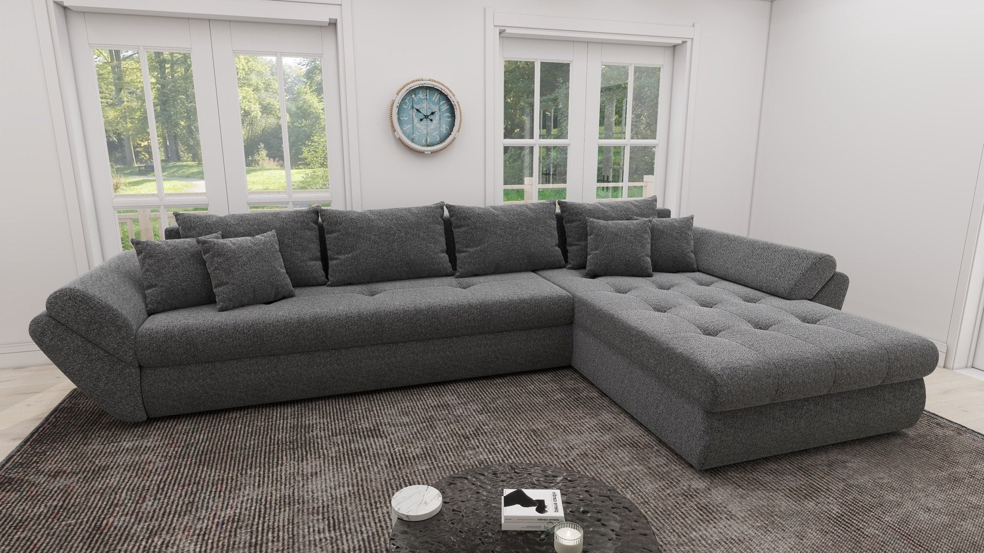 Colțar extensibil dumonde cu ladă de depozitare si sezut confortabil din spuma high-density, Loana XL Monte Gri 90 II 335x185 cm
