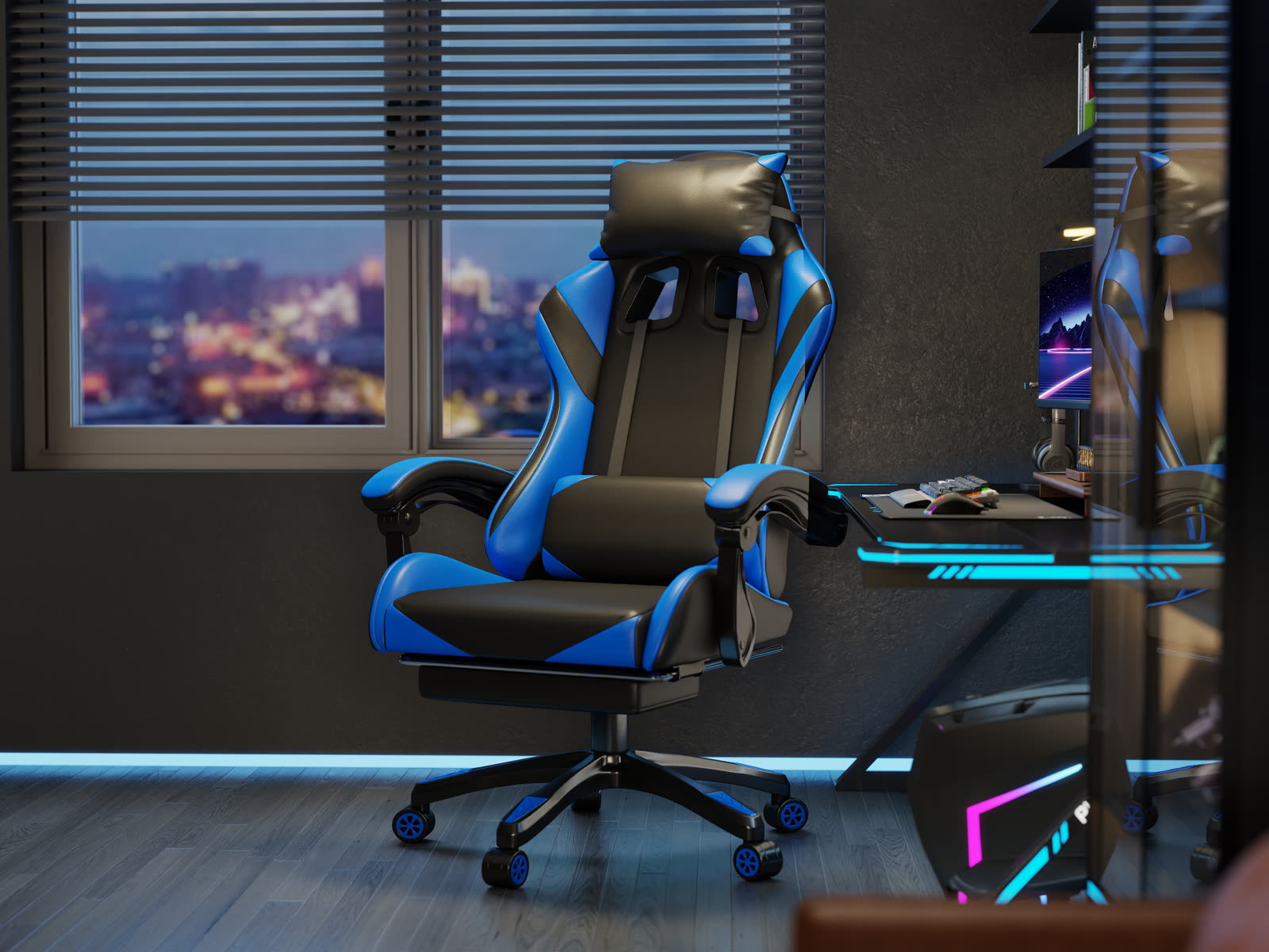 Scaun gaming Dumonde PREDATOR, mecanism multifuncțional, ecopiele, suport picioare, albastru/negru