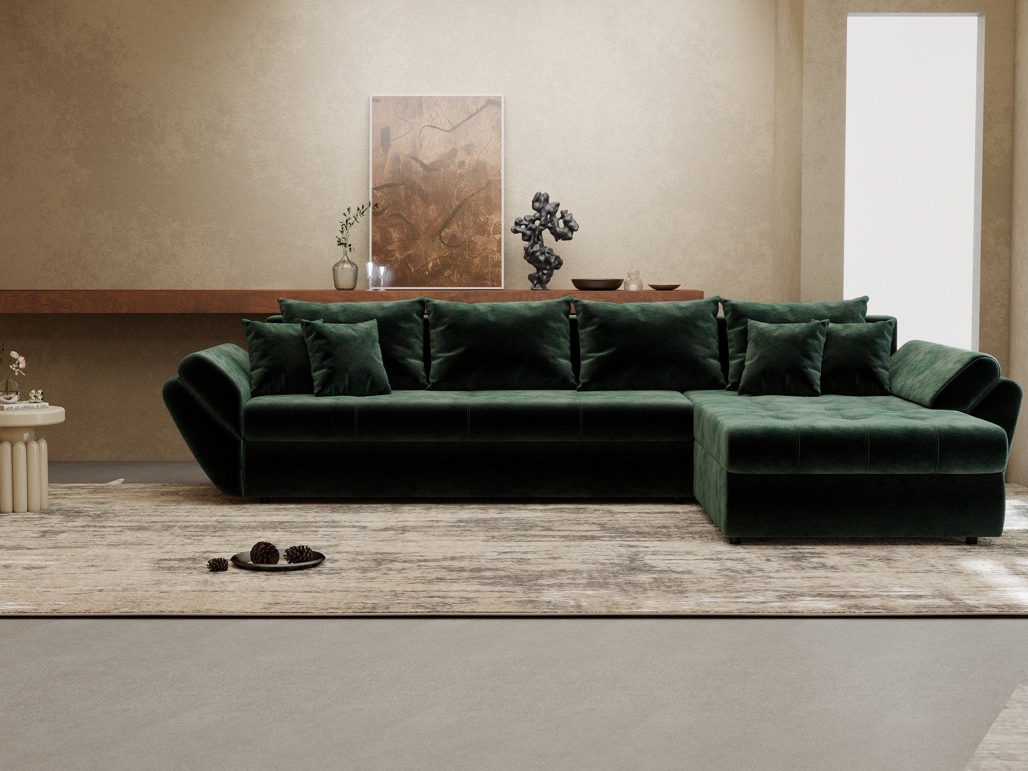 Colțar extensibil dumonde cu ladă de depozitare si sezut confortabil din spuma high-density, Loana XL Monolith Verde II 335x185 cm