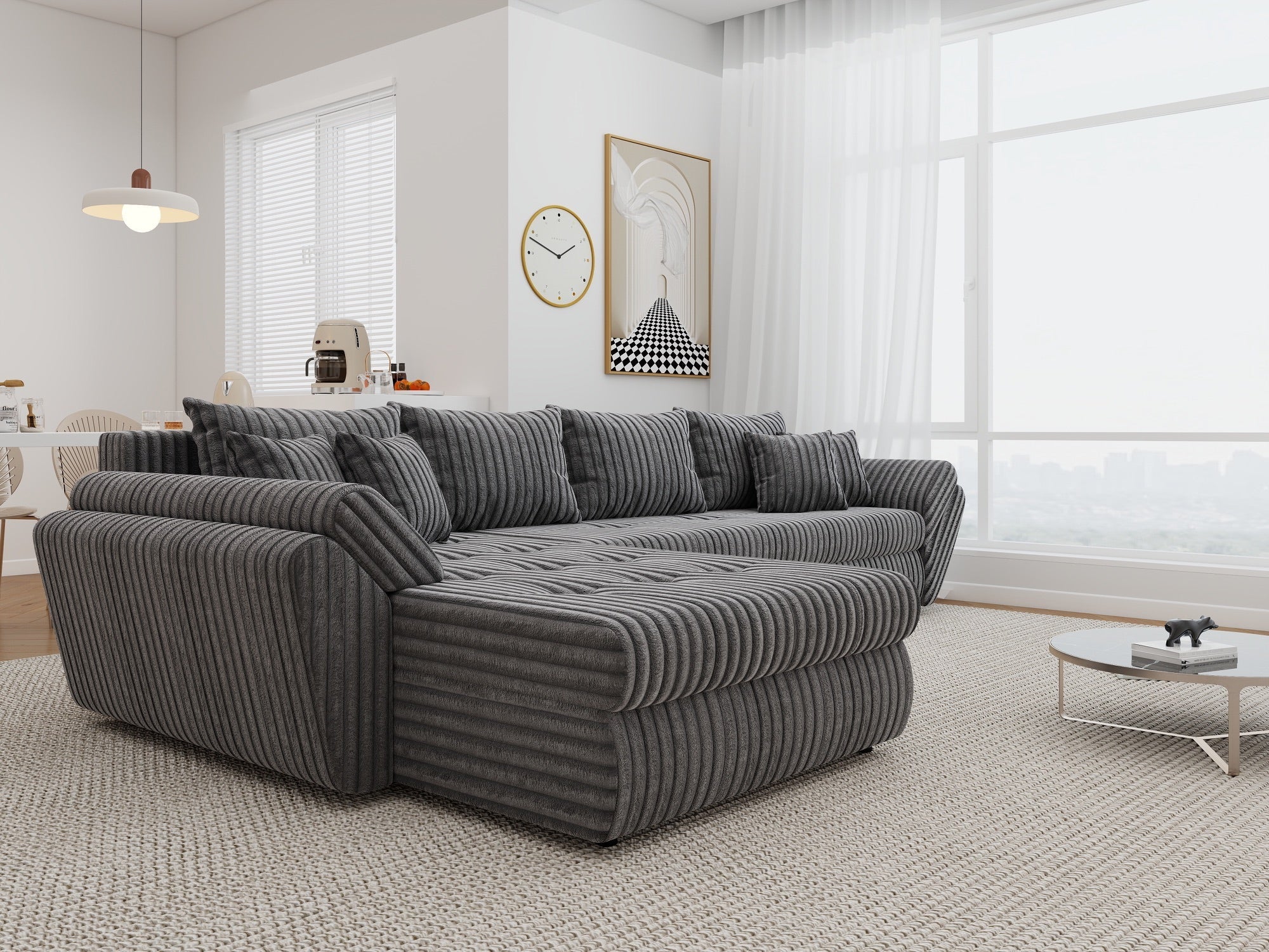 Colțar extensibil dumonde cu ladă de depozitare si sezut confortabil din spuma high-density, Loana XL Tilia Gri 90 335x185 cm