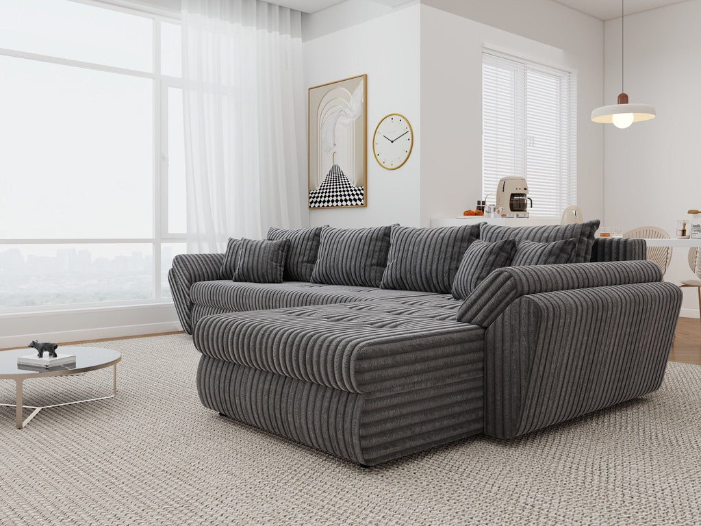 Colțar extensibil dumonde cu ladă de depozitare si sezut confortabil din spuma high-density, Loana XL Tilia Gri 90 II 335x185 cm