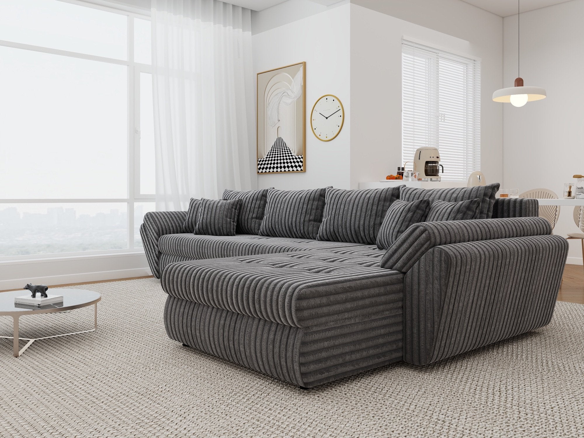 Colțar extensibil dumonde cu ladă de depozitare si sezut confortabil din spuma high-density, Loana XL Tilia Gri 90 II 335x185 cm