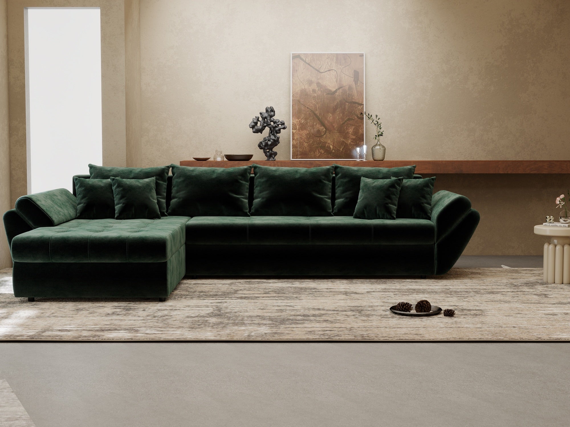 Colțar extensibil dumonde cu ladă de depozitare si sezut confortabil din spuma high-density, Loana XL Monolith Verde 335x185 cm