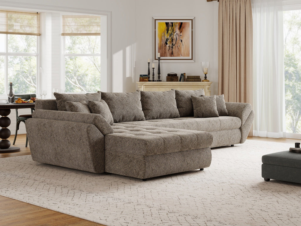 Colțar extensibil dumonde cu ladă de depozitare si sezut confortabil din spuma high-density, Loana XL Arena Maro 335x185 cm