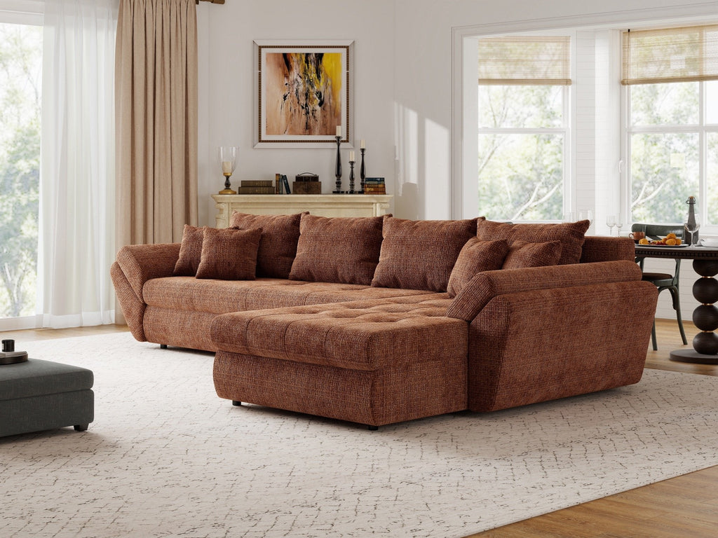 Colțar extensibil dumonde cu ladă de depozitare si sezut confortabil din spuma high-density, Loana XL Cremona Teracota II 335x185 cm