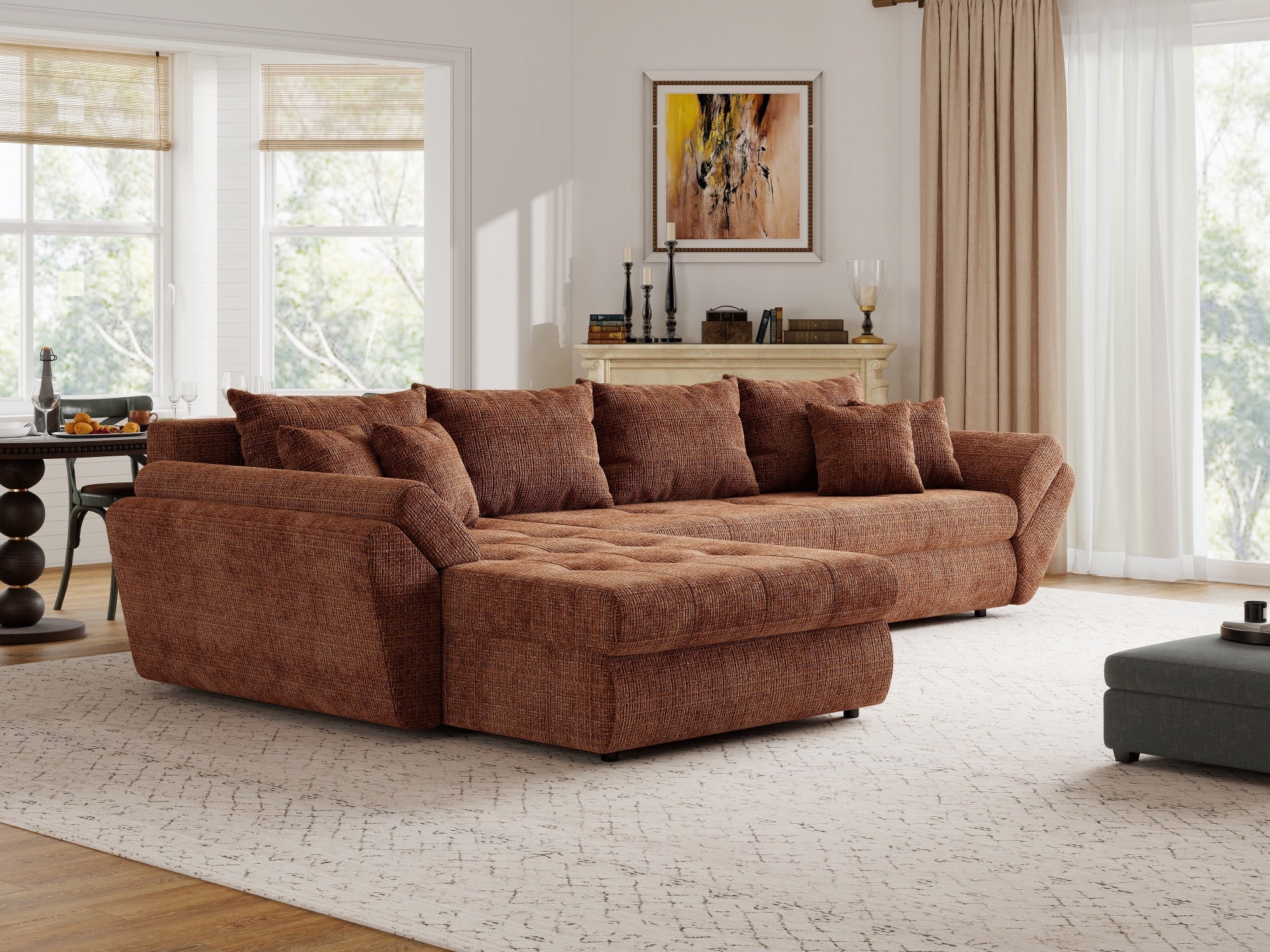 Colțar extensibil dumonde cu ladă de depozitare si sezut confortabil din spuma high-density, Loana XL Cremona Teracota 335x185 cm
