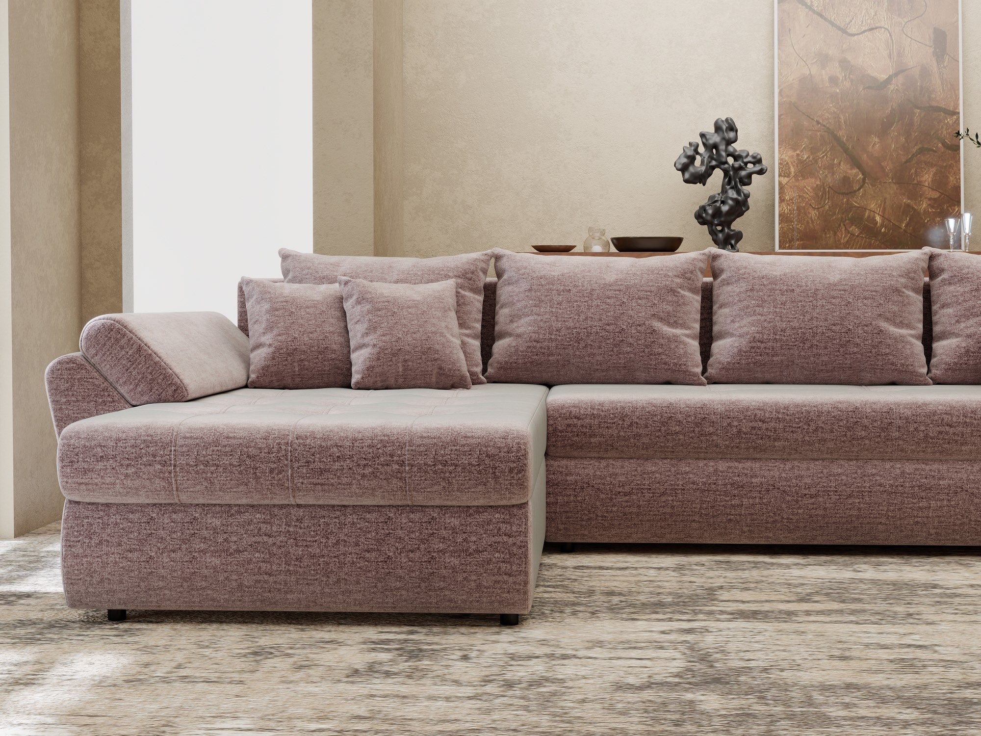 Colțar extensibil dumonde cu ladă de depozitare si sezut confortabil din spuma high-density, Loana XL Monolith Roz Pudrat 335x185 cm