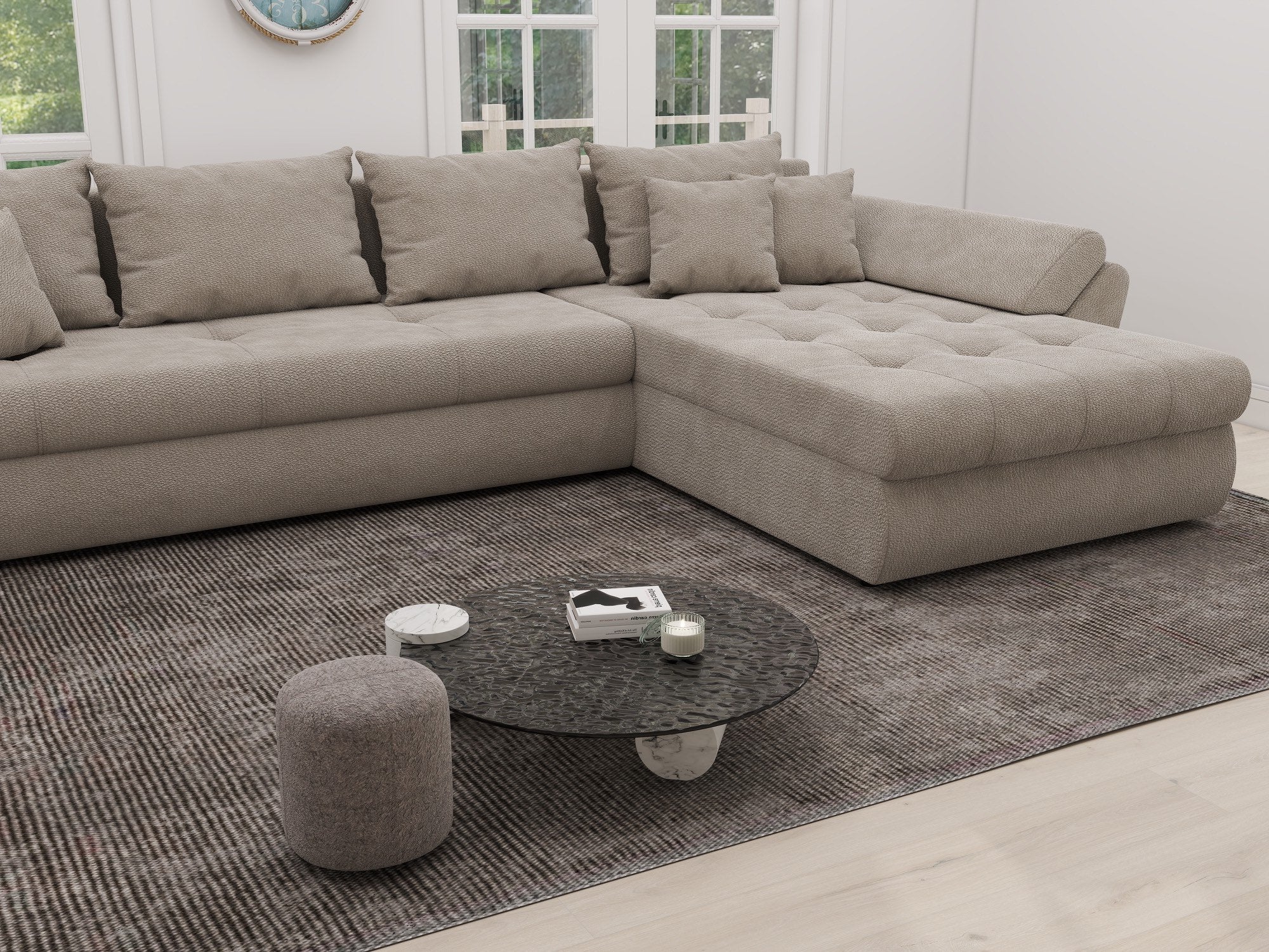 Colțar extensibil dumonde cu ladă de depozitare si sezut confortabil din spuma high-density, Loana XL Vibe Bej 06 II 335x185 cm