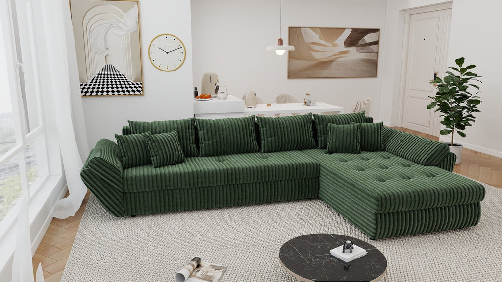 Colțar extensibil dumonde cu ladă de depozitare si sezut confortabil din spuma high-density, Loana XL Tilia Verde II 335x185 cm