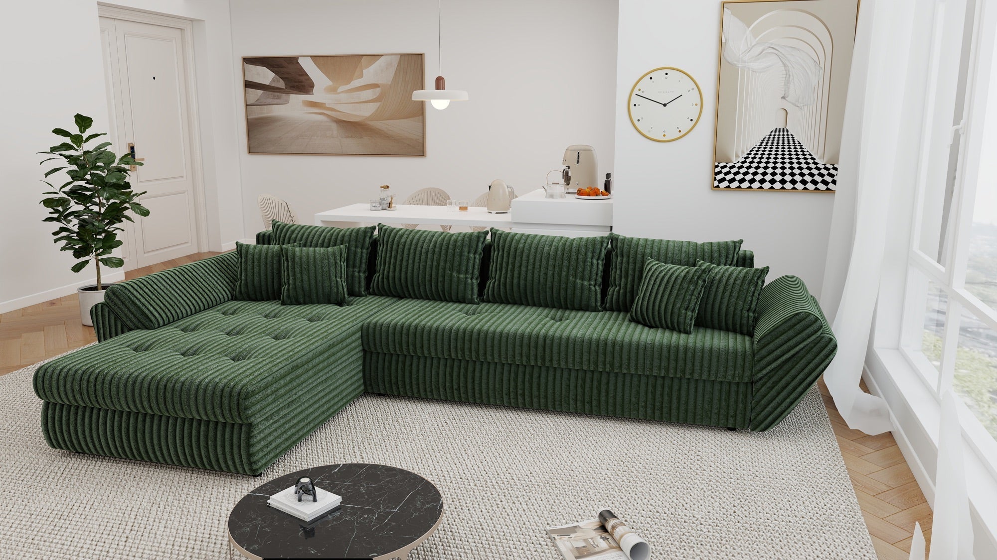 Colțar extensibil dumonde cu ladă de depozitare si sezut confortabil din spuma high-density, Loana XL Tilia Verde 335x185 cm