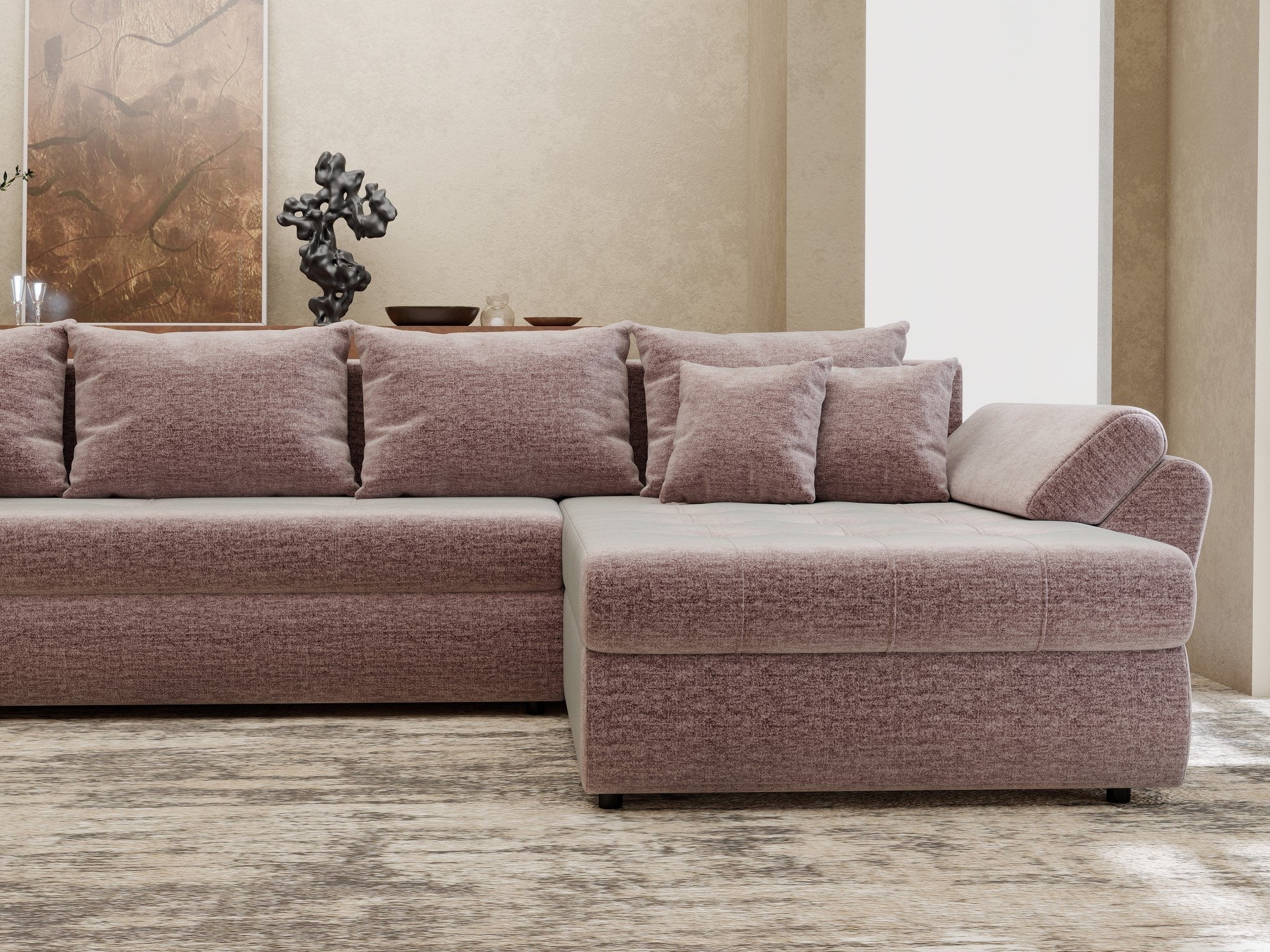 Colțar extensibil dumonde cu ladă de depozitare si sezut confortabil din spuma high-density, Loana XL Monolith Roz Pudrat II 335x185 cm