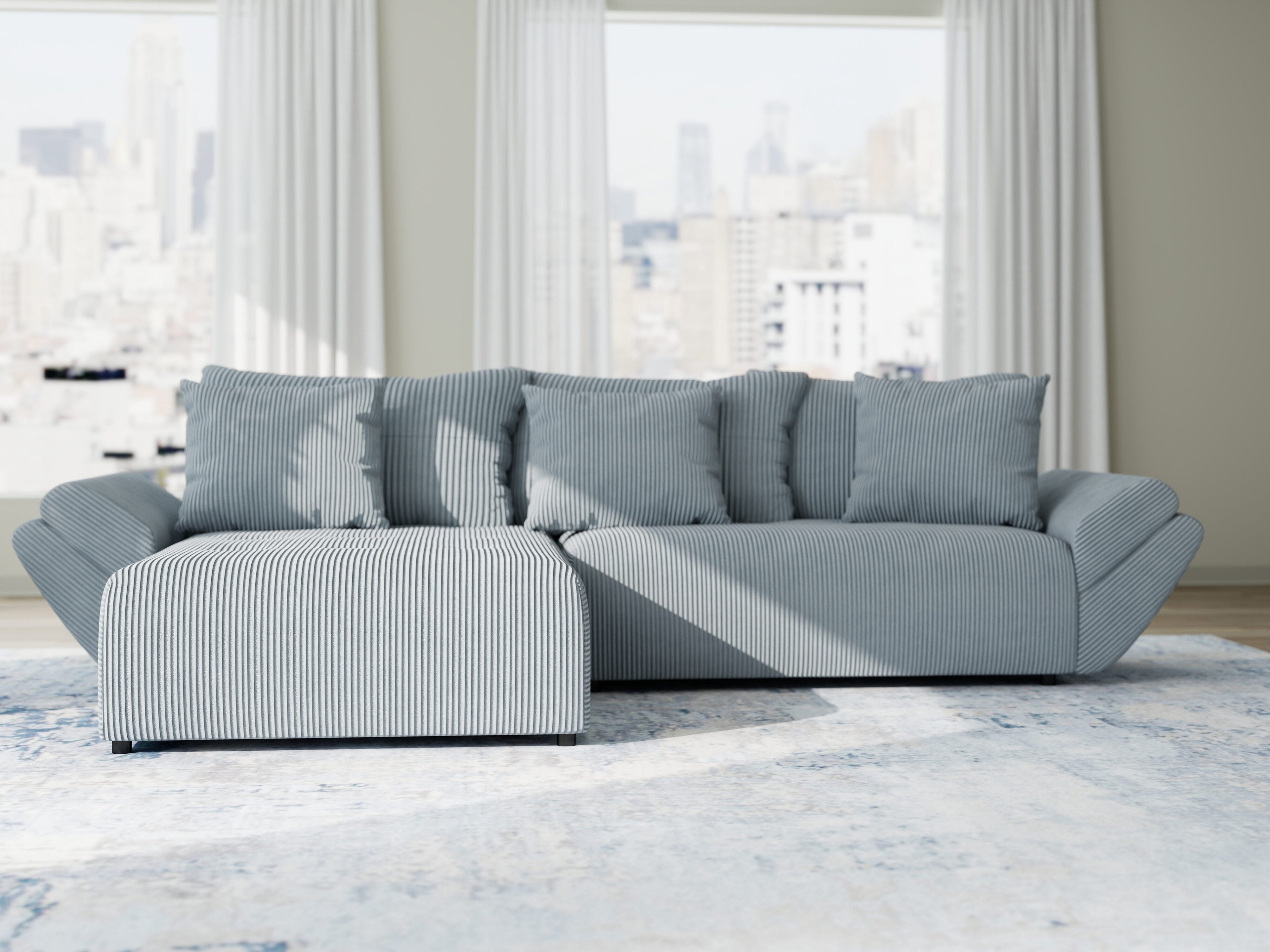 Colțar extensibil dumonde cu ladă de depozitare si sezut confortabil din spuma high-density, Berlin Zoom Gri Mint 280x185 cm
