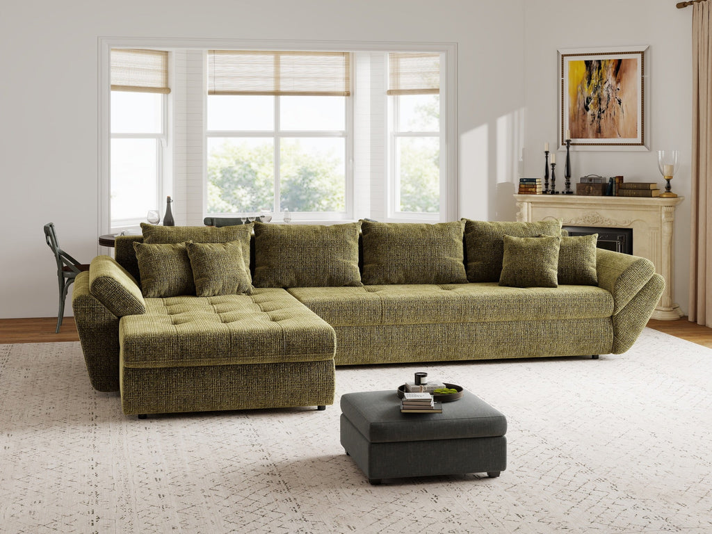 Colțar extensibil dumonde cu ladă de depozitare si sezut confortabil din spuma high-density, Loana XL Cremona Olive 335x185 cm