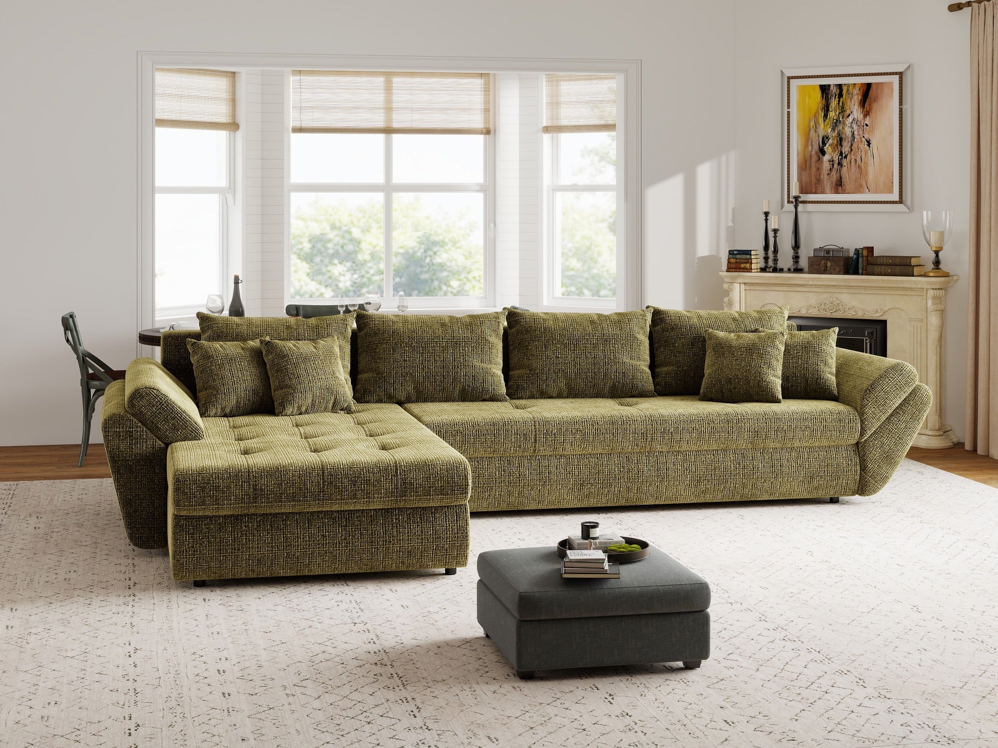 Colțar extensibil dumonde cu ladă de depozitare si sezut confortabil din spuma high-density, Loana XL Cremona Olive 335x185 cm