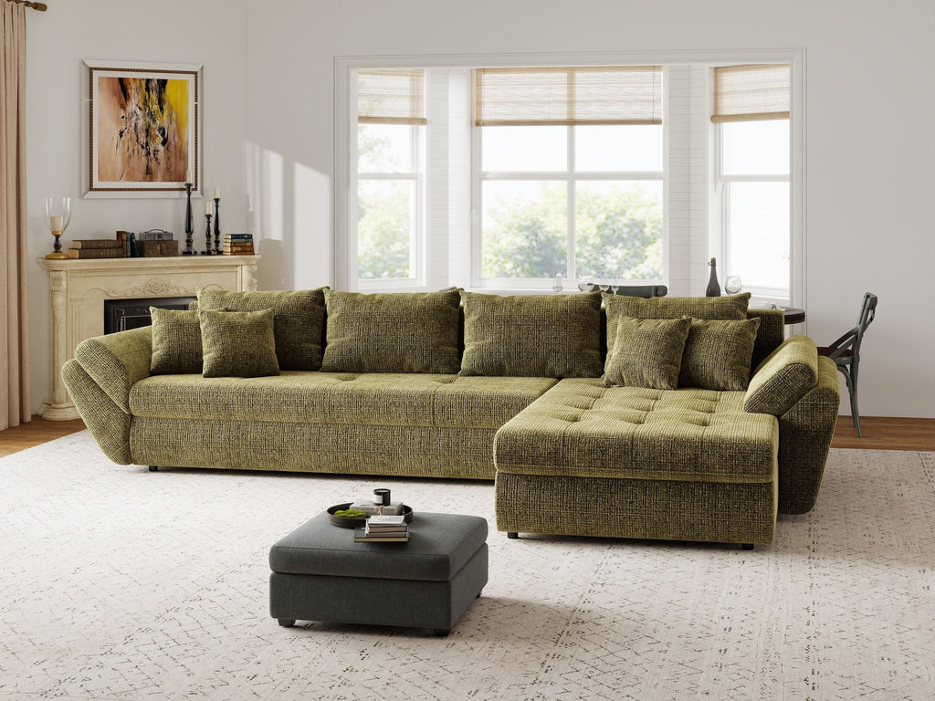 Colțar extensibil dumonde cu ladă de depozitare si sezut confortabil din spuma high-density, Loana XL Cremona Olive II 335x185 cm