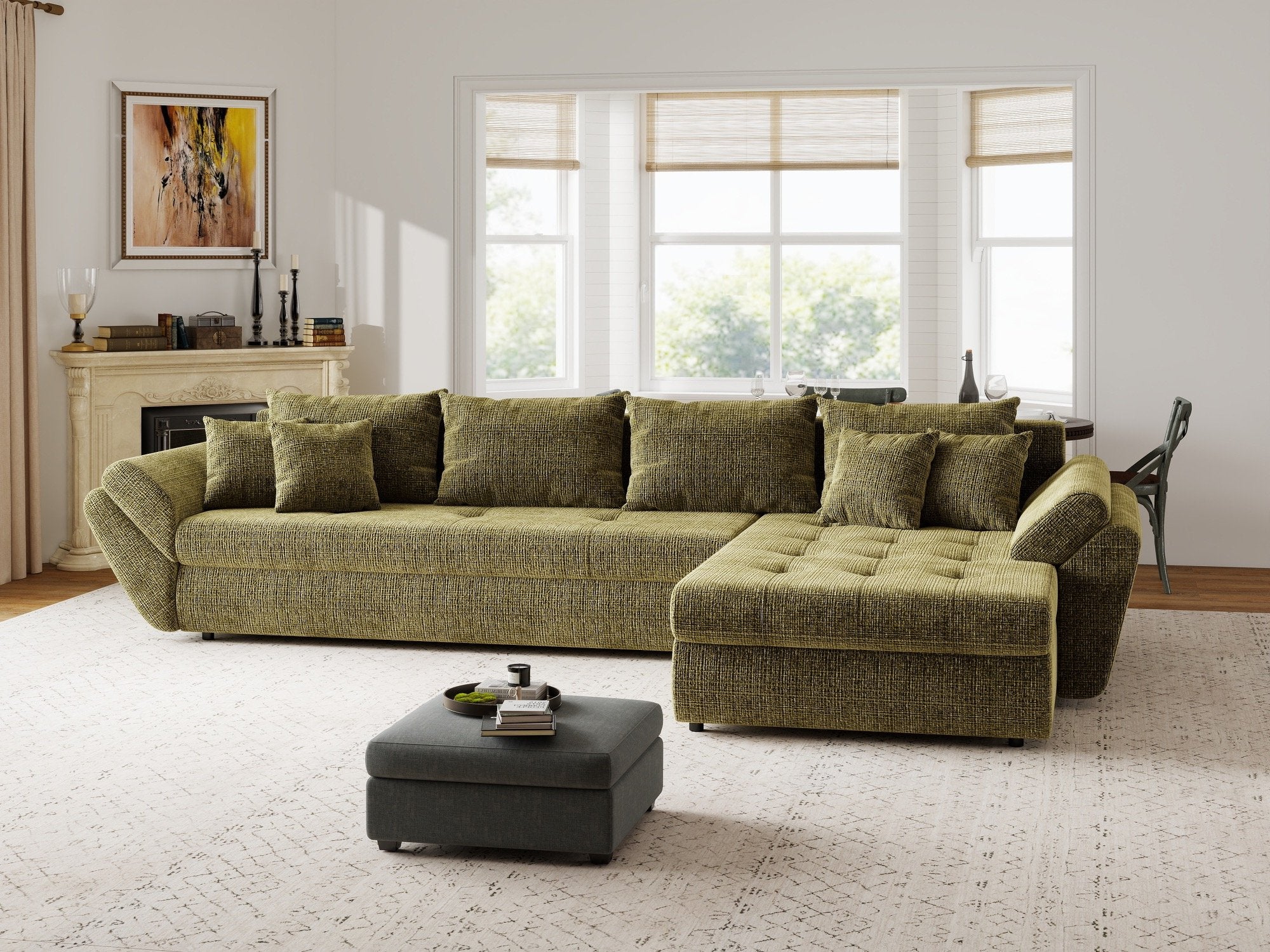 Colțar extensibil dumonde cu ladă de depozitare si sezut confortabil din spuma high-density, Loana XL Cremona Olive II 335x185 cm